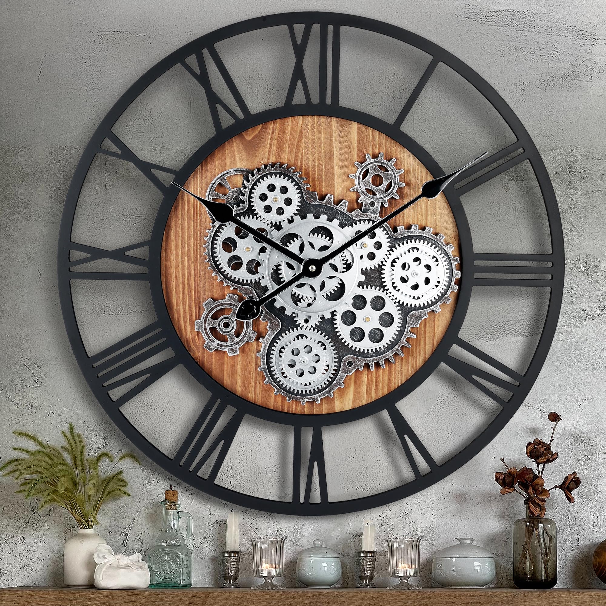 Lafocuse 23 Inch Wall clock with Moving gears Roman Numeral Wooden Large Moving gears Wall clock  Oversize Industrial Farmhouse Vintage Wall clock for Living Room Decor Office Home