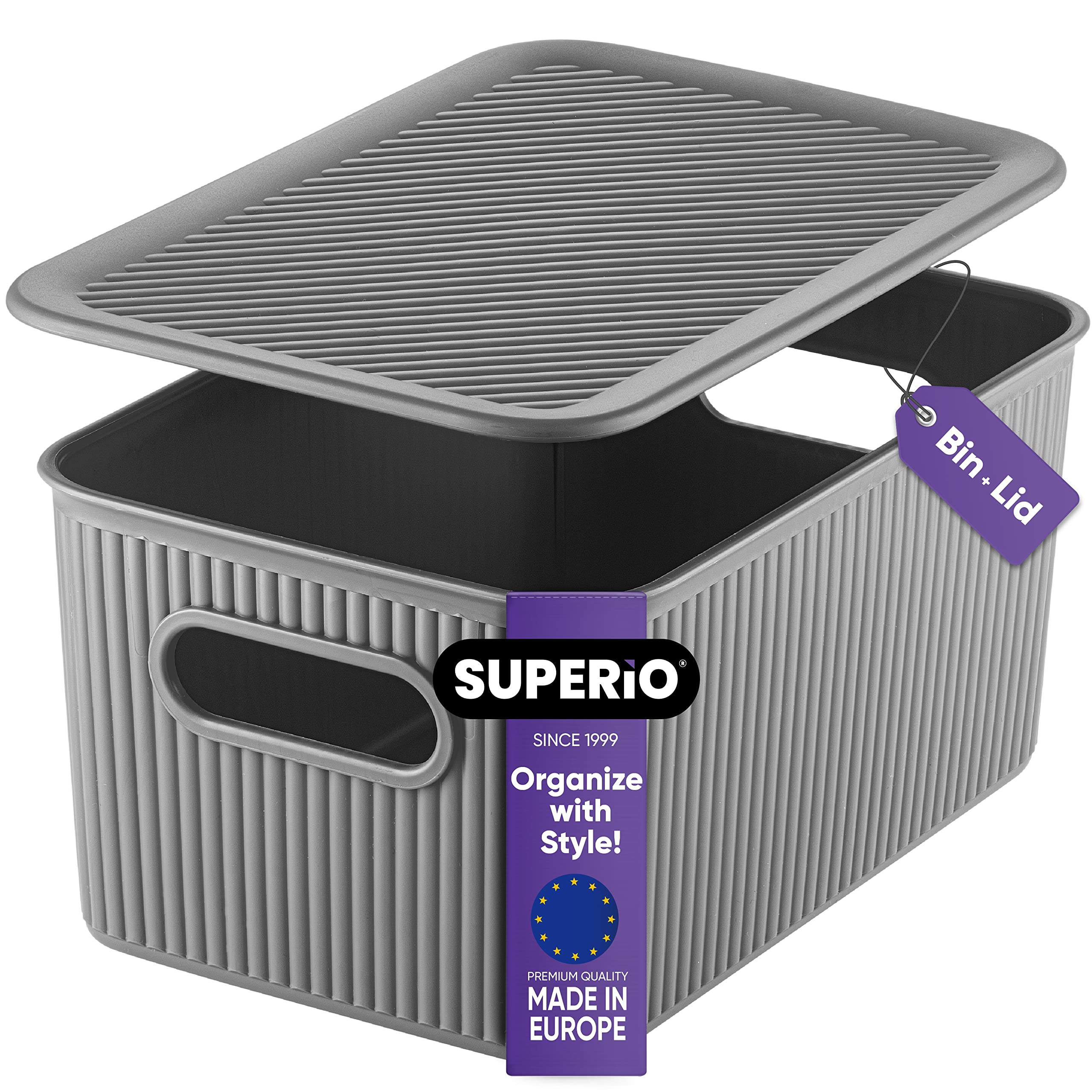 Superio Ribbed Collection - Decorative Plastic Lidded Home Storage Bins Organizer Baskets, Medium Grey (1 Pack - 5 Liter) Stacka