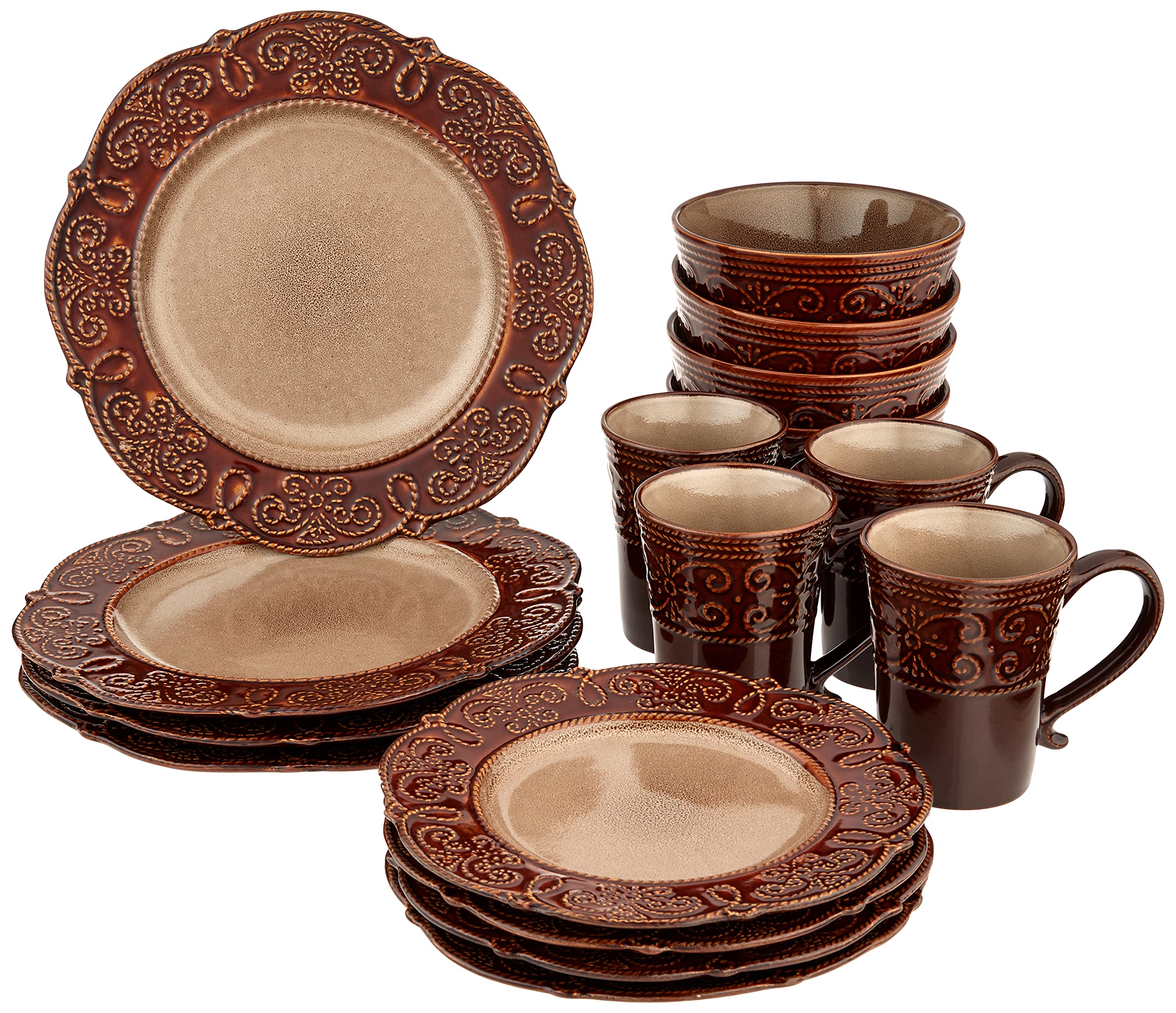 Elama Round Decorated Stoneware Scallop Embossed Dinnerware Dish Set, 16 Piece, Salia