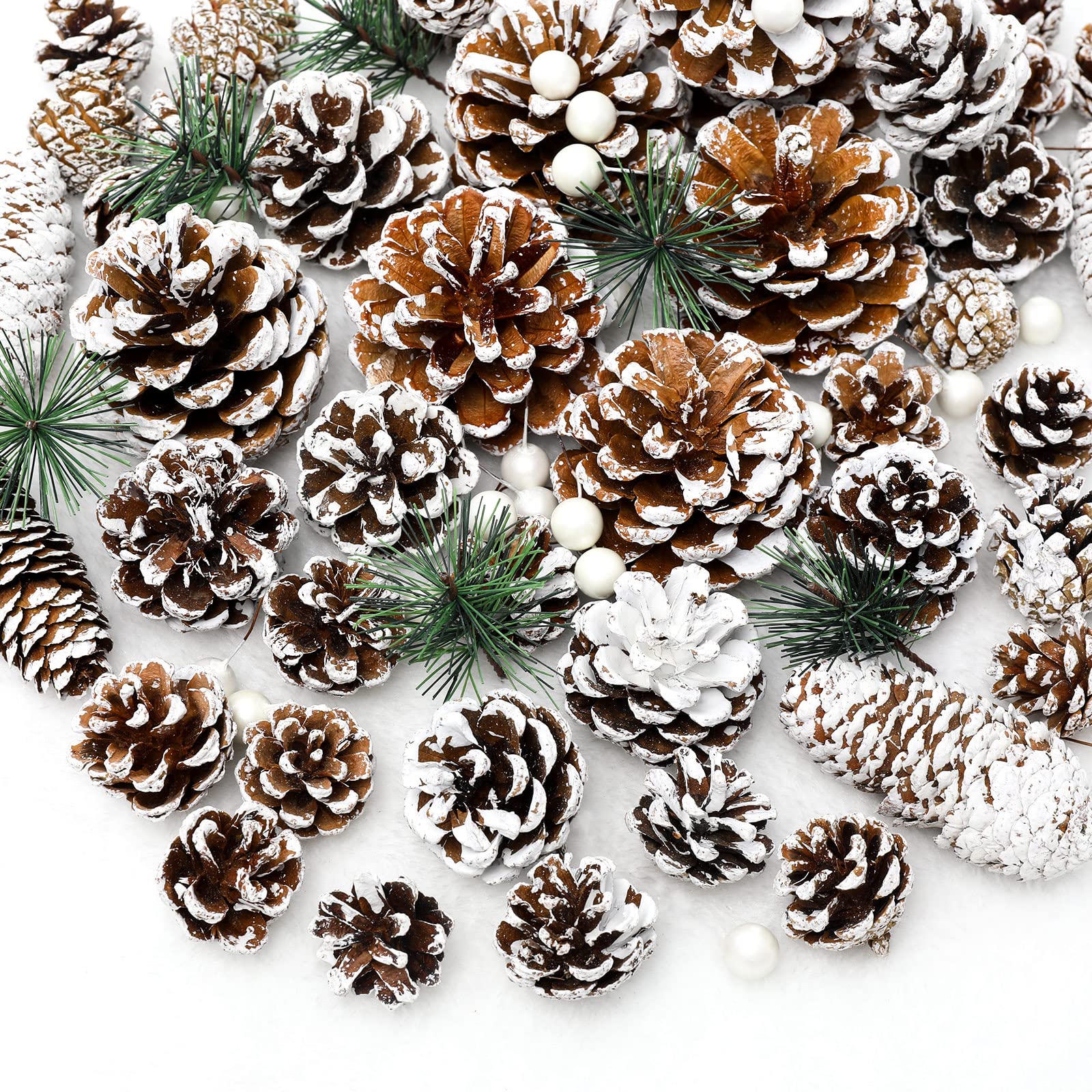 Whaline 170Pcs Christmas Pine Cones Berry Pine Branch Set Snow Pinecones Pendant White Winter Holiday Ornament for DIY Crafts Ho