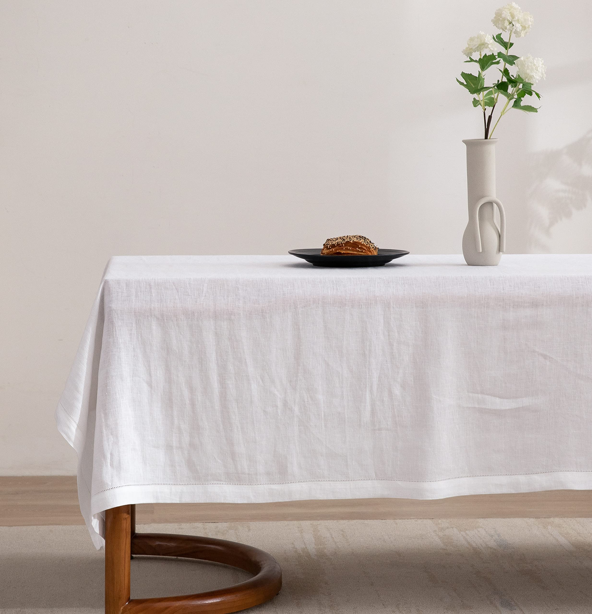 EVERLY Linen Hemstitch Table Cloth 100% Washed French Linen Table Cloths for 6Foot Rectangle Tables 60x108 Inches, Washable Tha