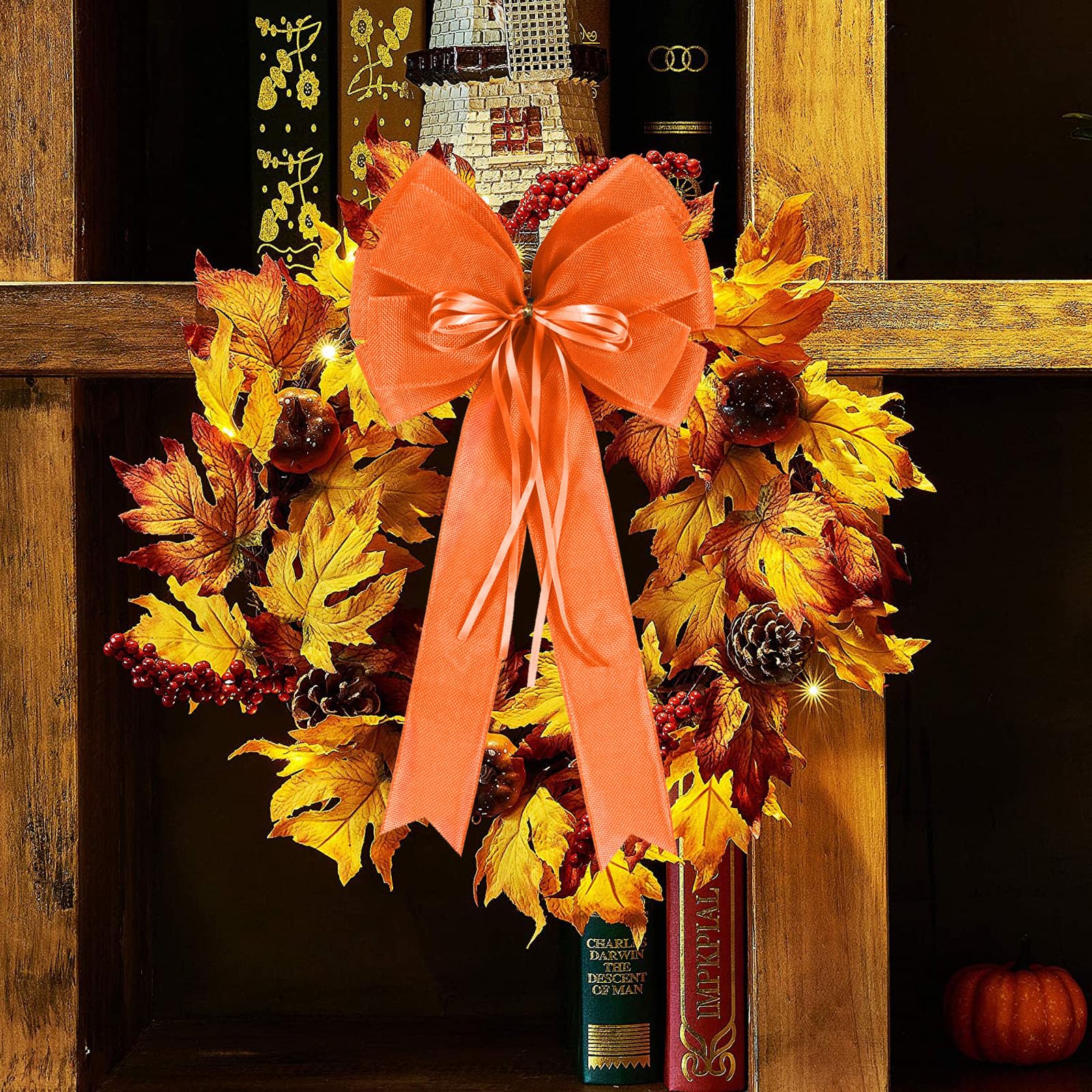 2 PCS Fall Bows for Wreaths Decor,Fall Tree Topper Bow Decorations,Decorative Bow with Orange Burlap and Glitter String for Autu