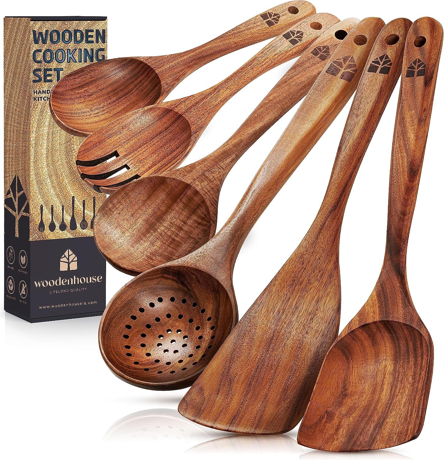 Wooden Spoons For Cooking - Wooden Kitchen Utensils Set, 6 Pcs Teak Wood Utensil Set - Comfortable Grip Non-Stick Wooden Cooking