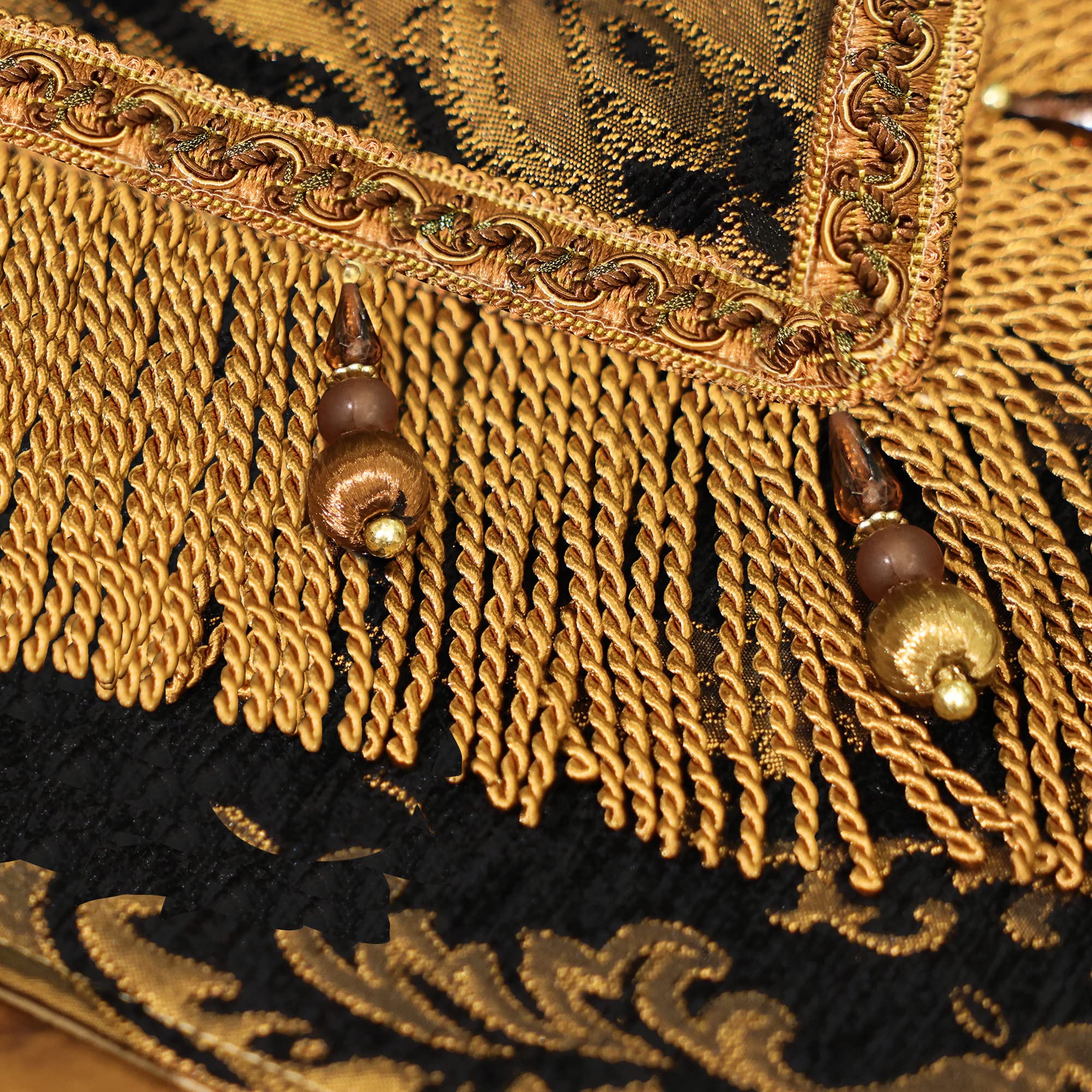 Loom And Mill Luxury Chenille Table Runner 108 Inches Long, Black Damask Jacquard Table Runners With Multi-Tassels For Halloween