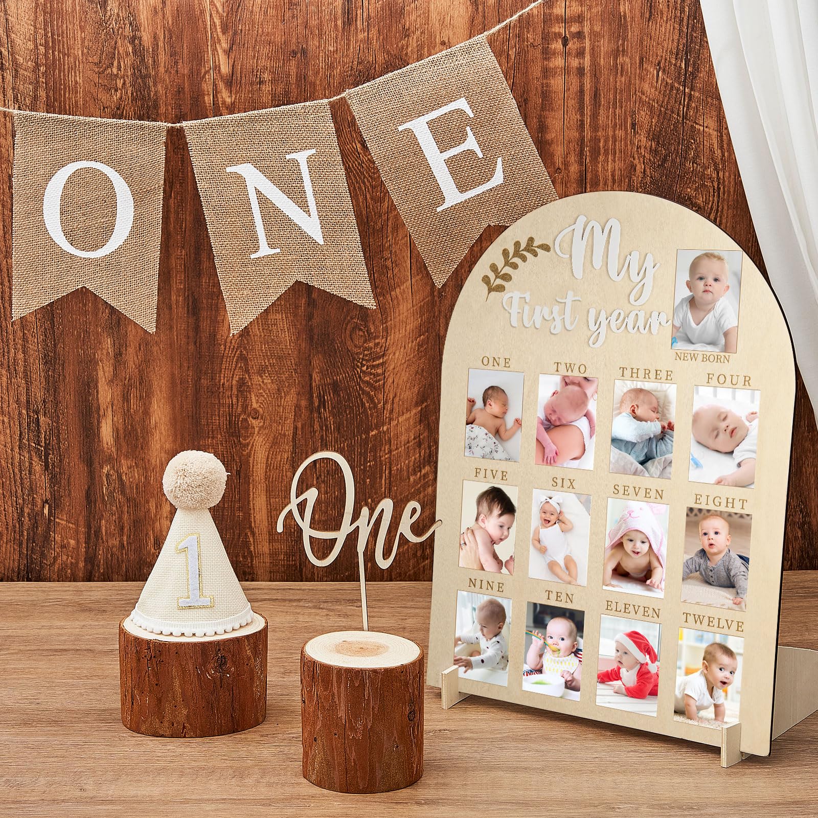 4 Pcs My First Year Photo Board for 2 x 3 Inch Photo 1st Birthday Wood Display Sign 12 Month Milestone Picture Frame High Chair 