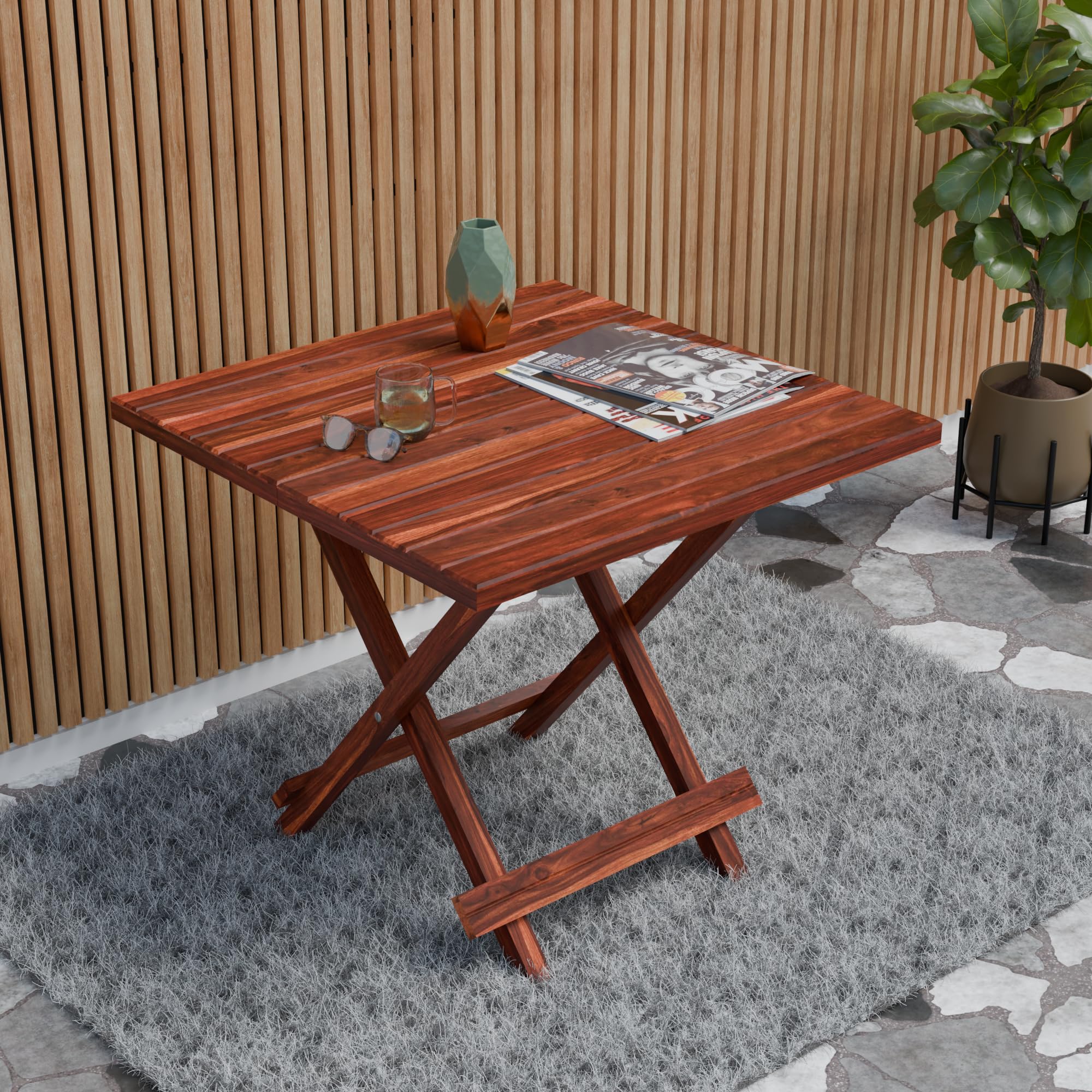 Enfurnish Solid Sheesham Wood Foldable Balcony Coffee Table | Space Saving Wooden Folding Table | Square Patio Table For Home,Ou