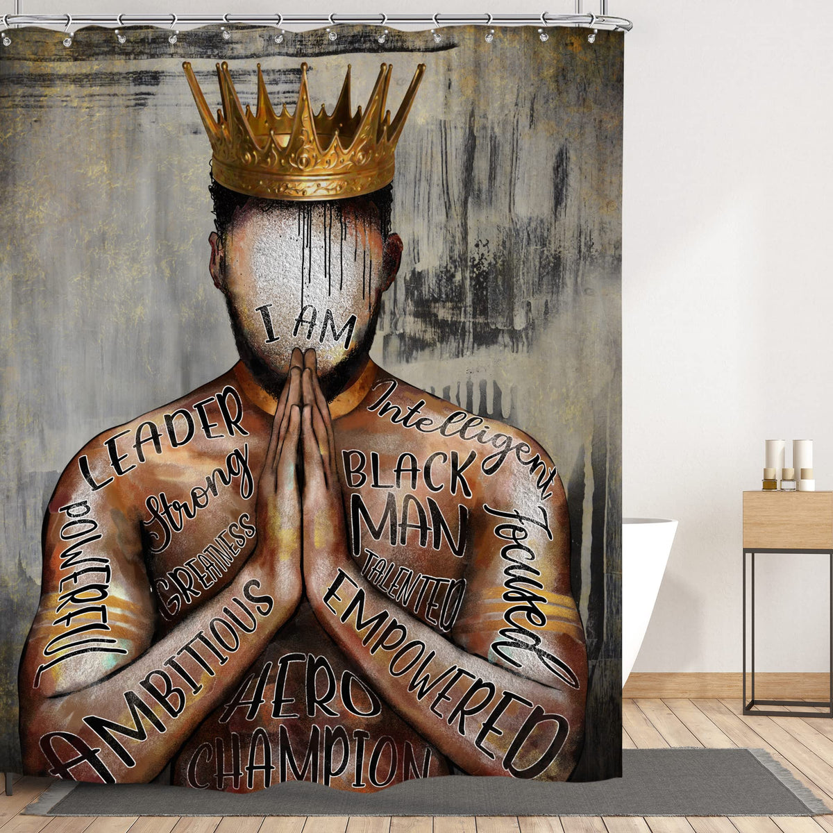 Omifly Black Mens Shower Curtain 72Wx72H Inch Black King African American Man Motivational Inspirational Quotes Phrases Portrait