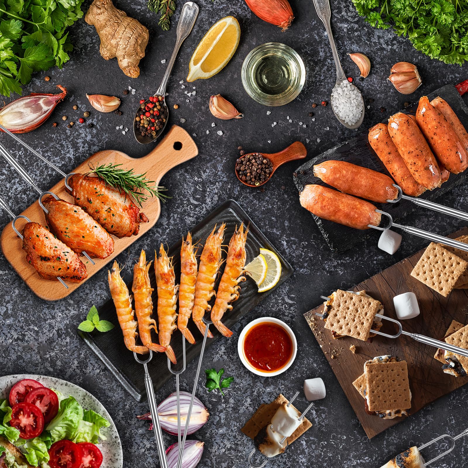 Briout Extendable Stainless Steel Roasting Sticks - Smores Sticks For Fire Pit Long 32 Inch, Smore Skewers Hot Dog Fork Campfire