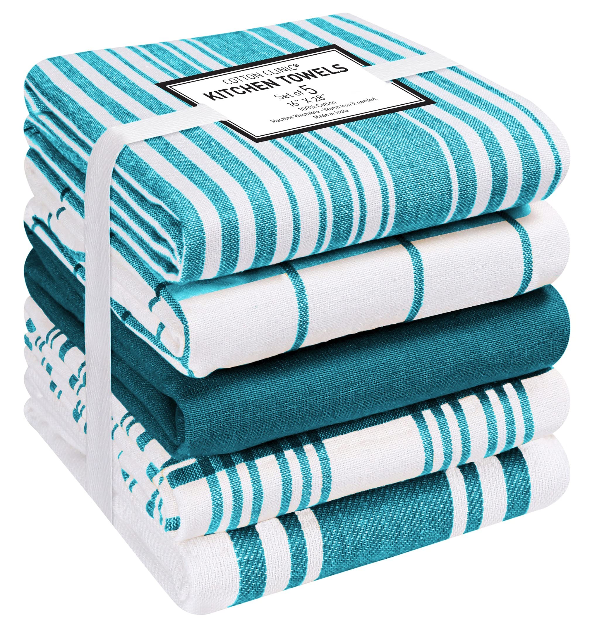 Cotton Clinic Assorted Kitchen Towels 5 Pack - Soft Absorbent Quick Drying Table & Kitchen Linen - Dish Towels, Dish Cloths, Tea