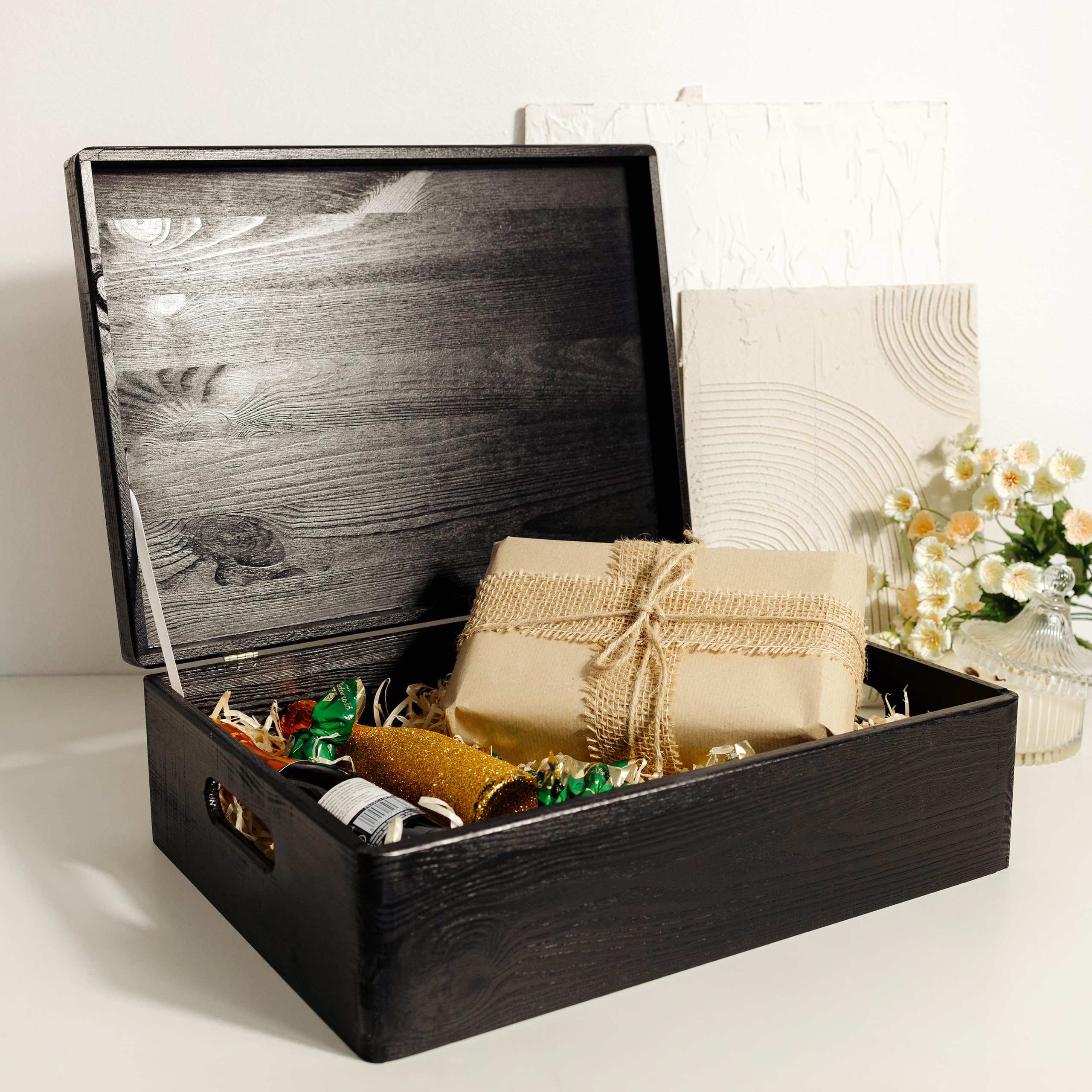 Creative Deco XL Black Wooden Box Storage with Hinged Lid | 15.8 x 11.8 x 5.5 inches (+-0.5) | with Handles | Gift Box Kitchen S