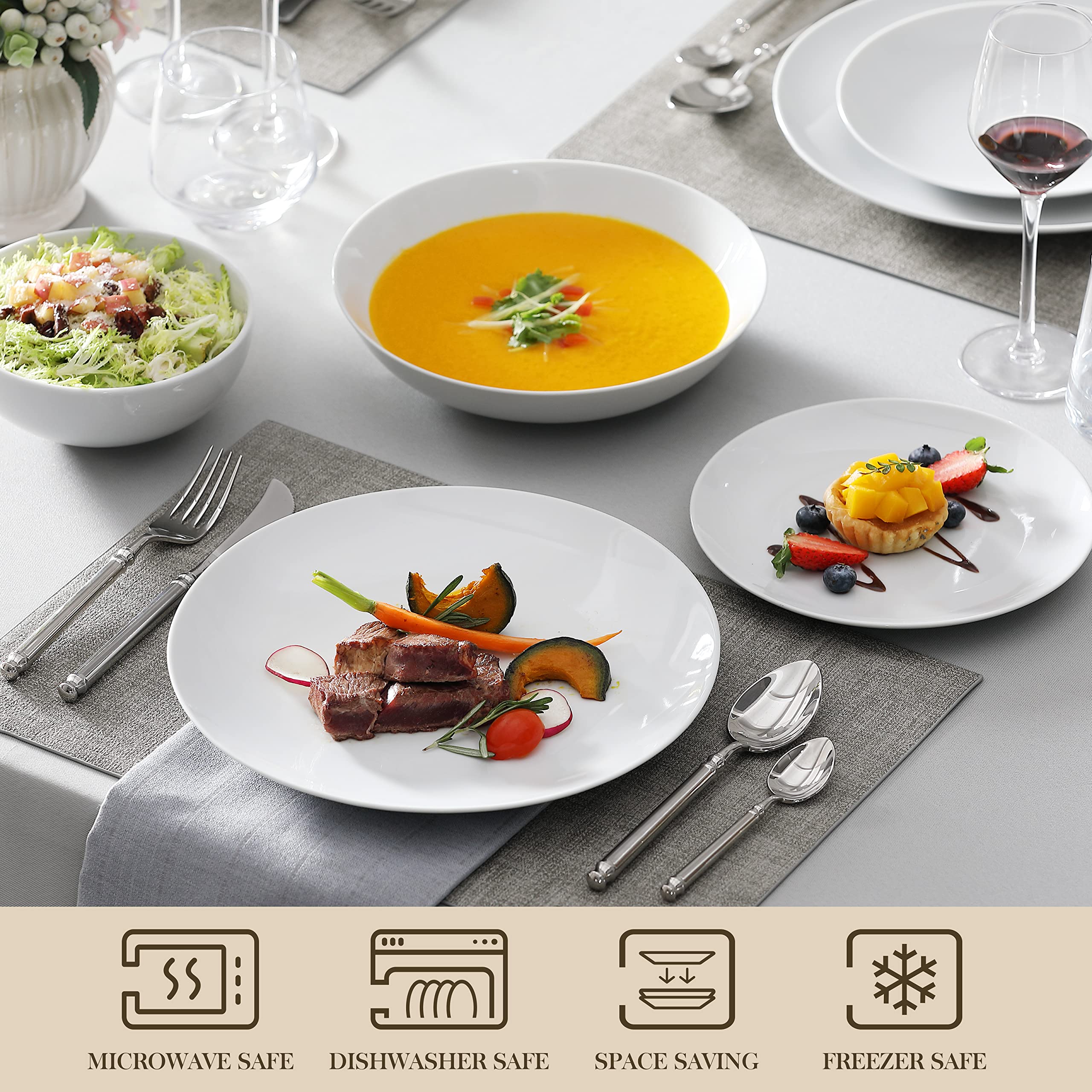 MALACASA 24-Piece Gourmet Porcelain Dinnerware Set for 6 - Modern White AMELIA Dish Set for Salad, Soup, Pasta, and Dessert