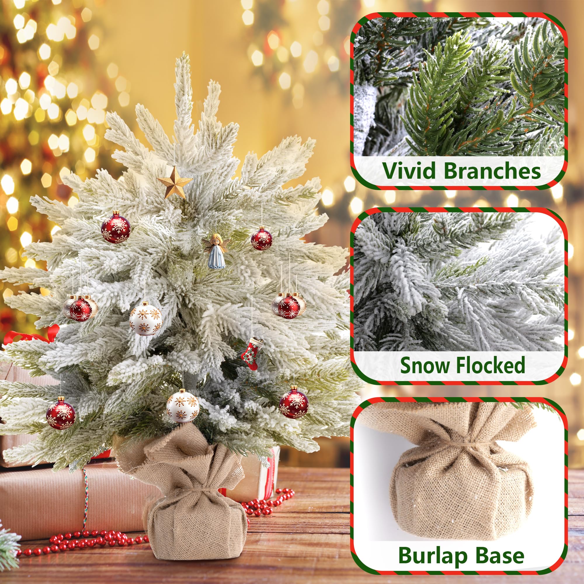 Mini Snow Flocked Artificial Christmas Tree 22 Small Xmas Snowed Pine Burlap Base Home Office Tabletop Winter Holiday Decor