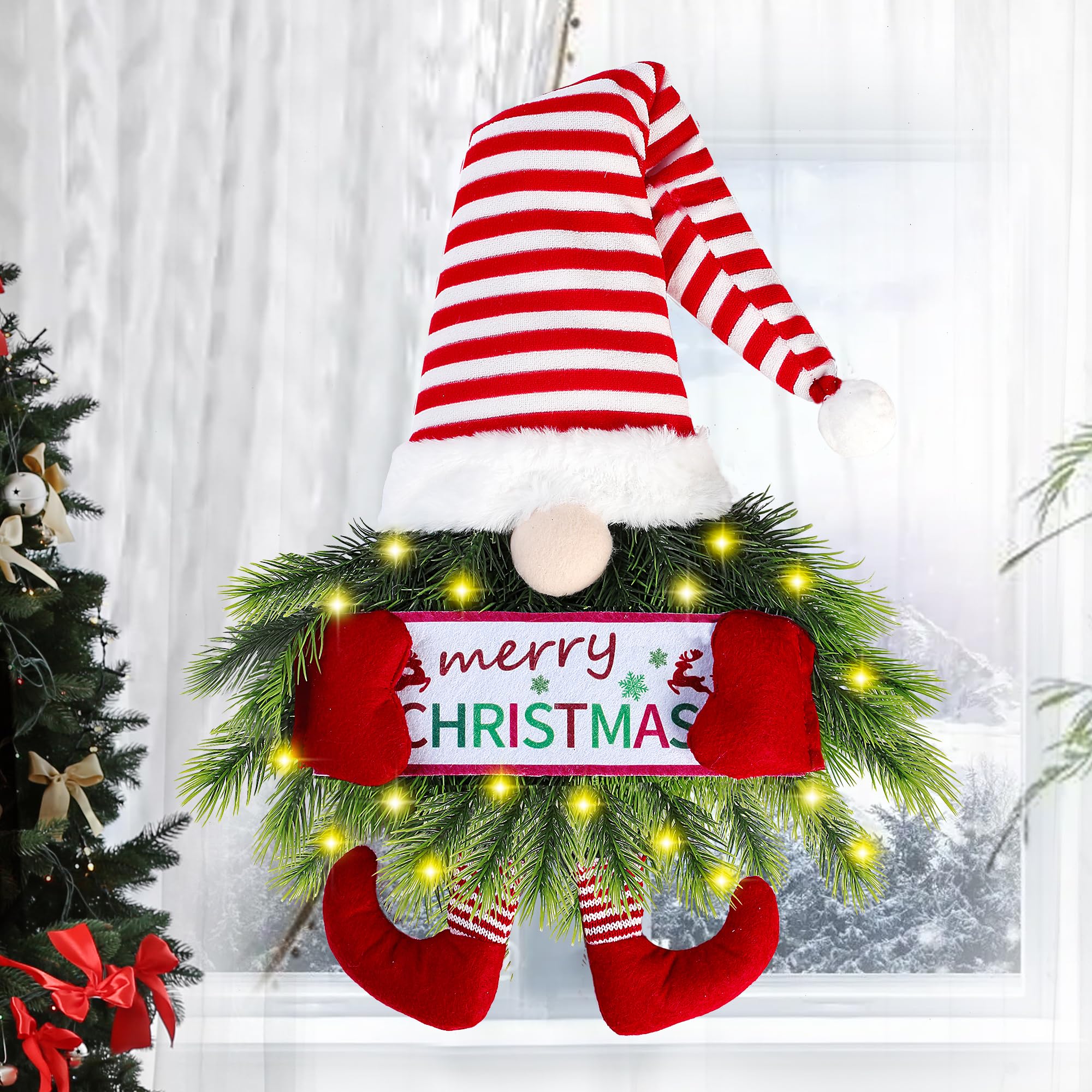 Sggvecsy Christmas Wreath Gnome Wreath with Lights Santa Gnome Christmas Hanging Sign Front Door Decoration Artificial Pine Spru