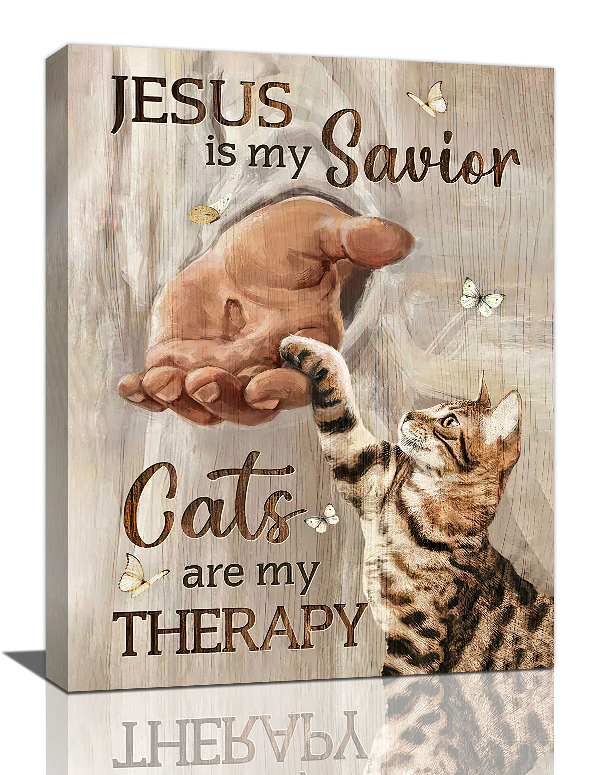 Christian Cat Wall Art Cat Jesus Pictures Wall Decor Religious Butterfly Canvas Prints Framed Modern Hand Of God Painting Artwor