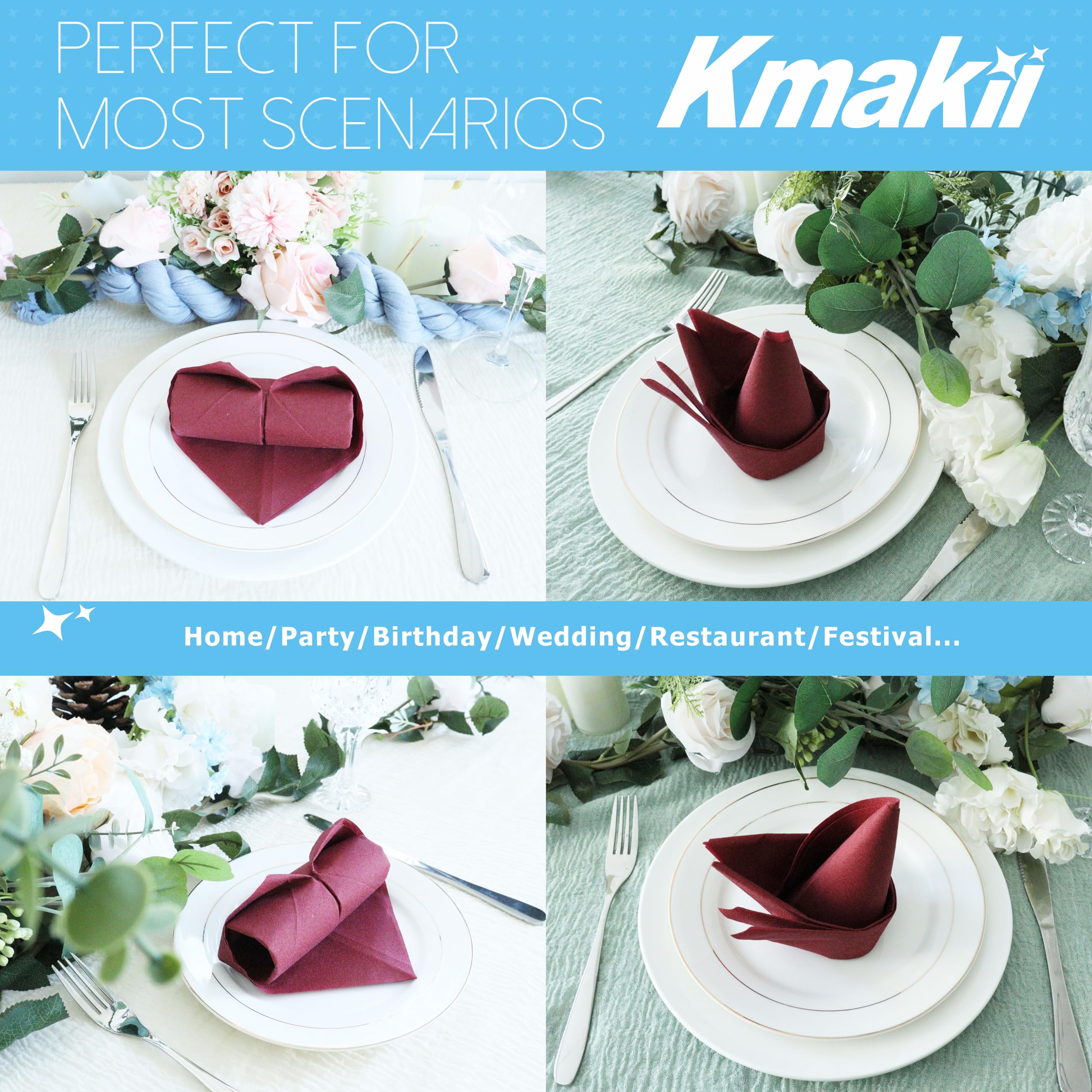 KMAKII Burgundy Disposable Dinner Napkins Linen-Feel Colored Paper Napkins Premium Cloth Like Napkins Ideal For Restaurant  Events  Weddings&Party 50 Pack 16 x 16 inches