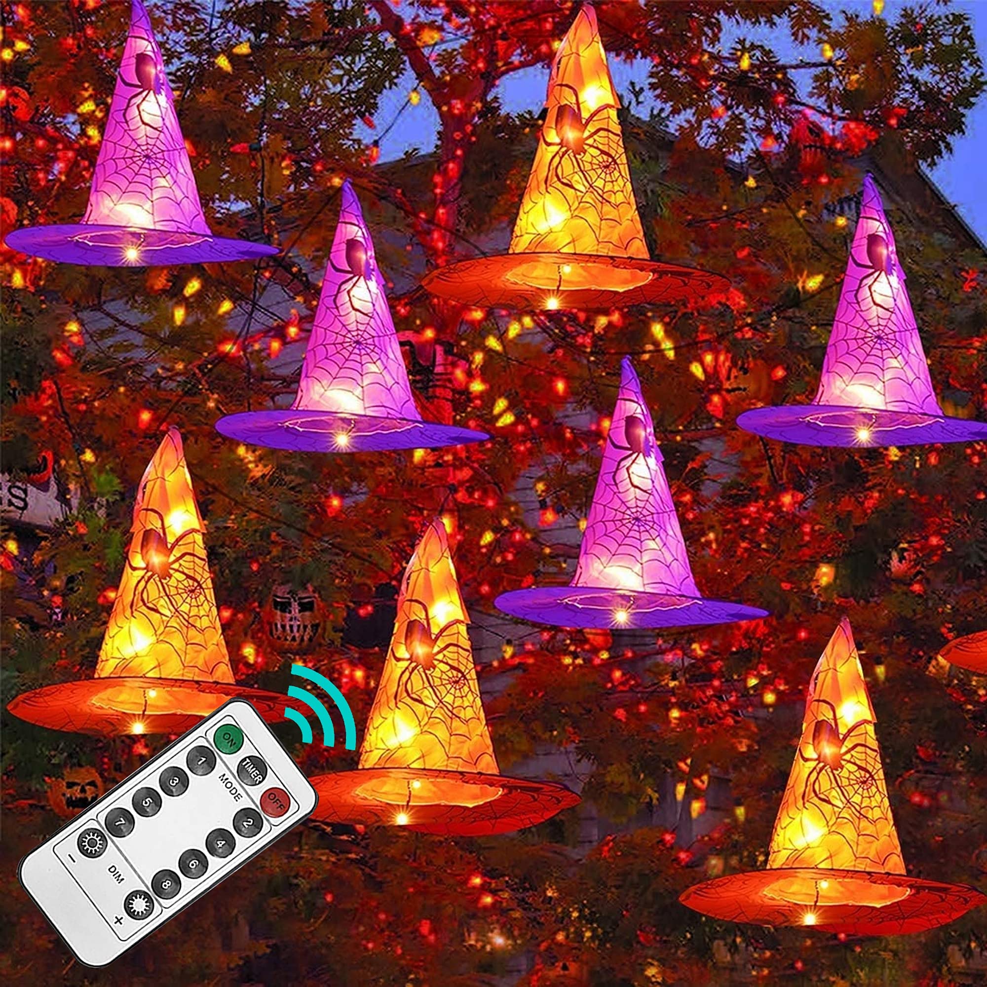 FUNPENY Halloween Decoration Lights, 8 PCS Waterproof Hanging Witch Hat with String Lights with Remote, Hanging Halloween Decora