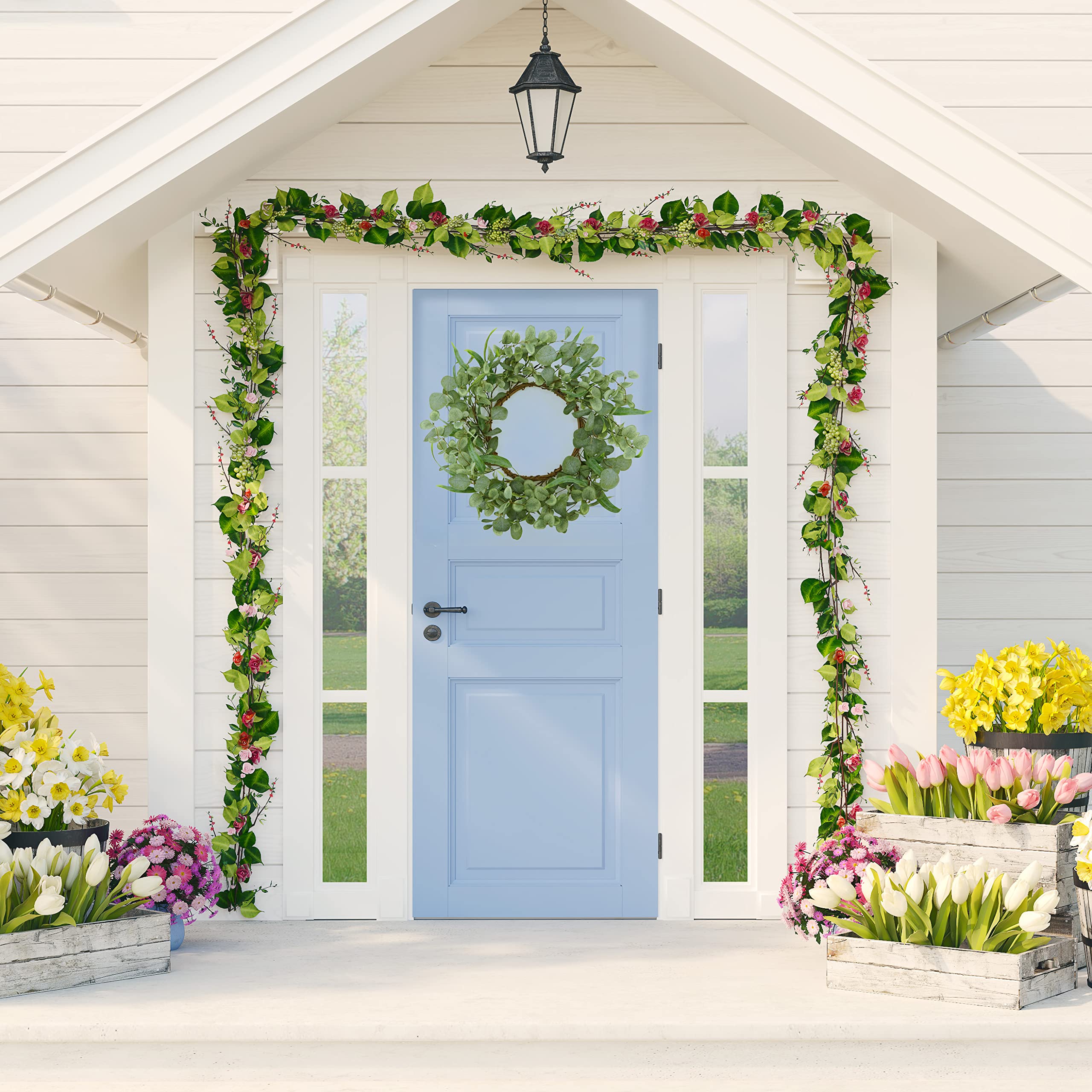 AMF0RESJ 20    Green Eucalyptus Wreath for Front Door Artificial Spring Summer Wreath with Large Willow Leaf for Farmhouse Wall
