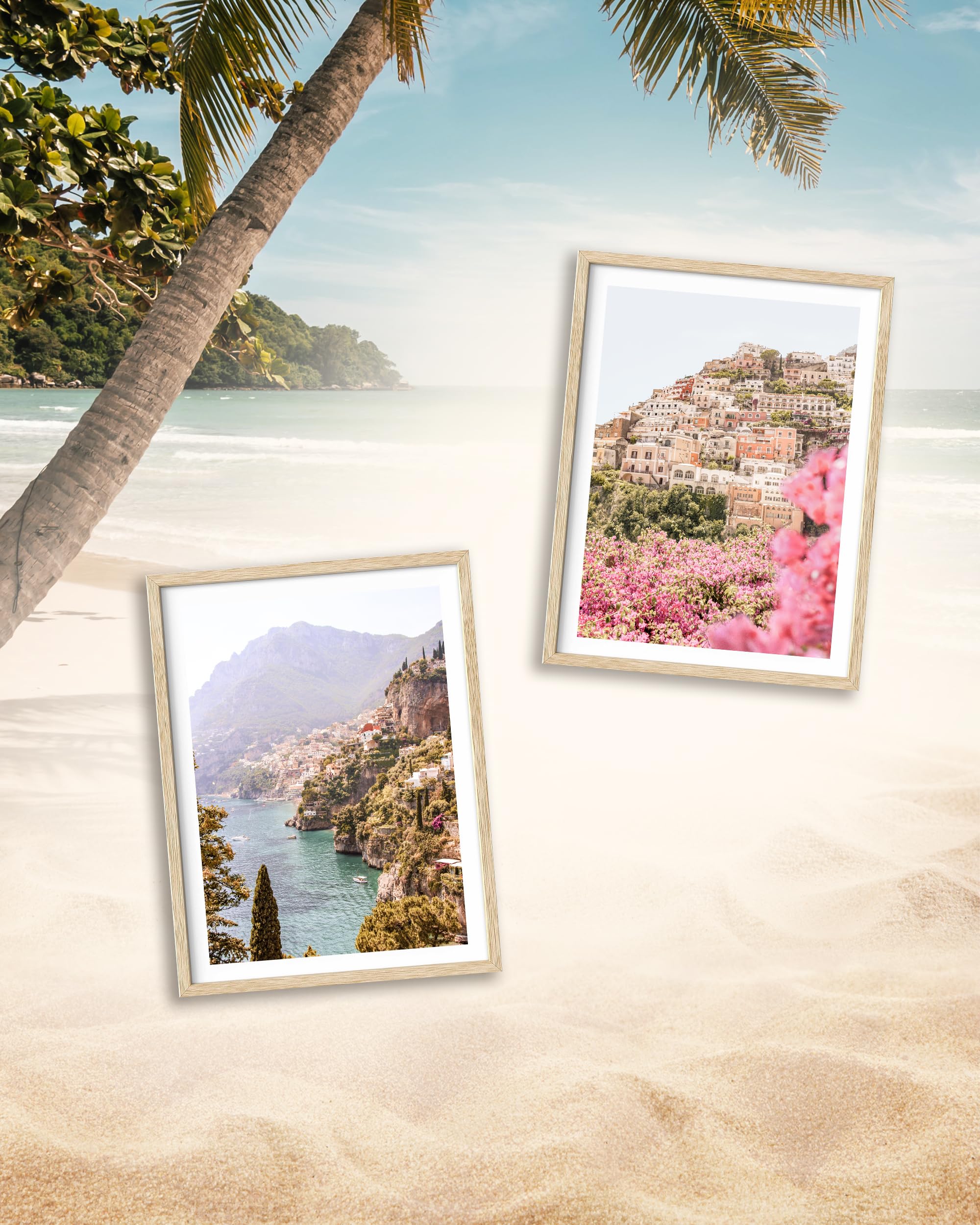 HesenDot Natural OAK Wood Amalfi Coast Framed Wall Art,12x16in Italy Beach Canvas Wall Print, Pink Flowers House Boho Wall Decor