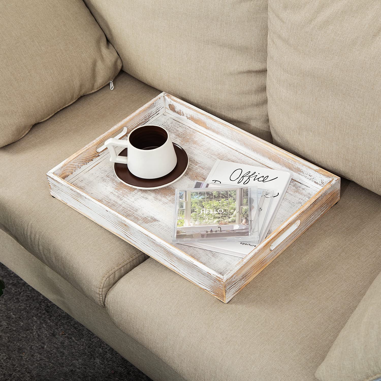 Rustic Distressed Wood Food Breakfast Serving Tray Octagon Serving Tray In Bed With Cutout Carrying Handles Coffee Office Deskto