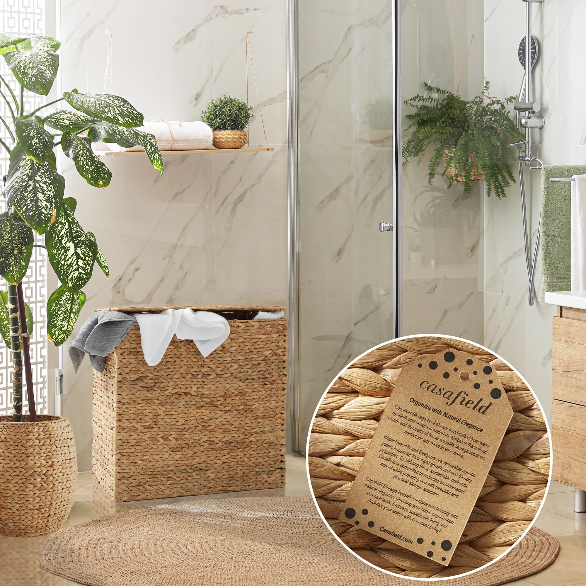 Casafield 2-Section Laundry Hamper With Removable Liner Bags - Natural, Woven Water Hyacinth Double Laundry Basket Sorter For Cl