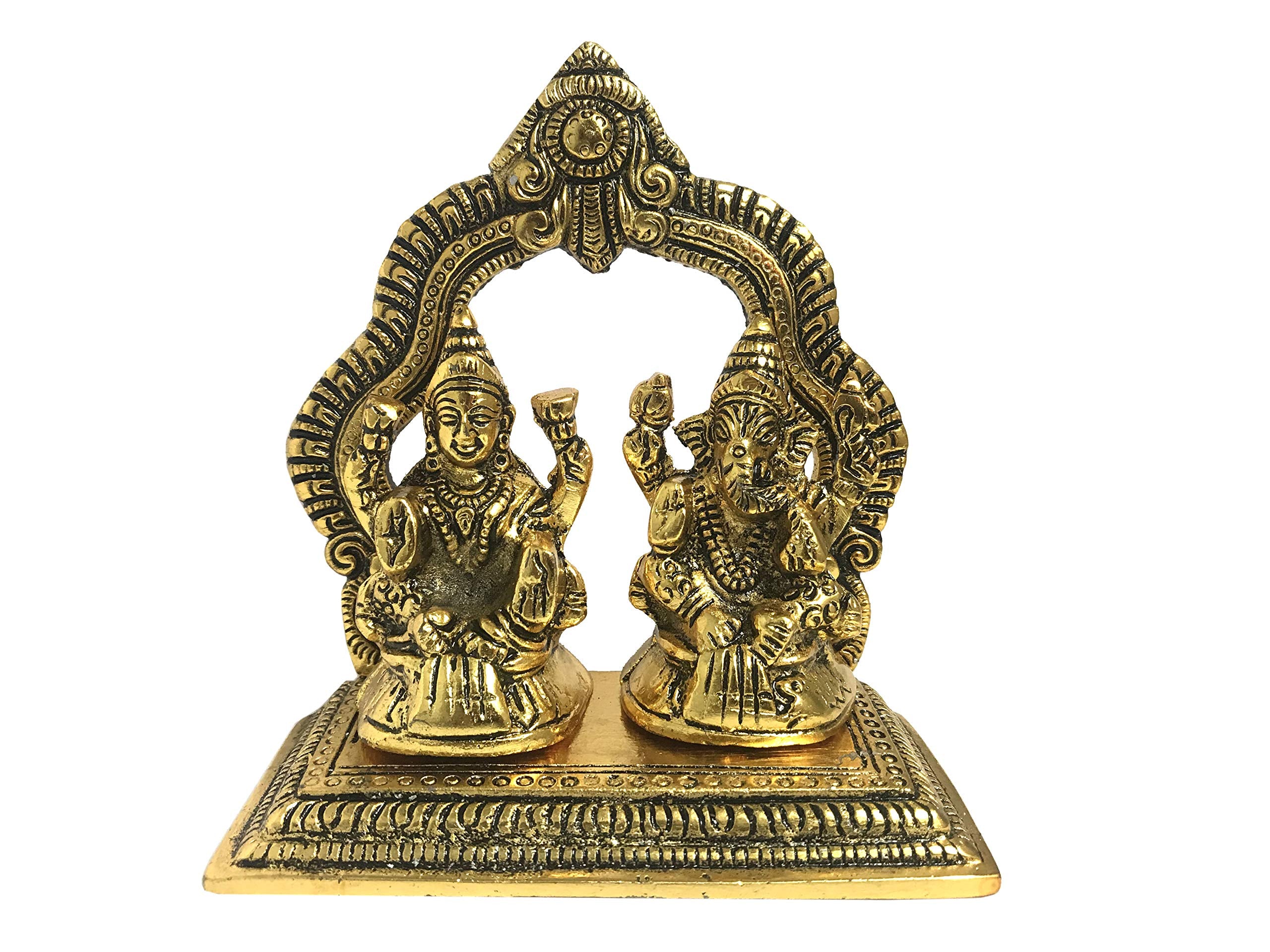 Evisha Golden Brass Lord Lakshmi/Ganesha Laxmi/Ganesh With Back Frame Statue Antique Finish Idols Murti Pooja Temple