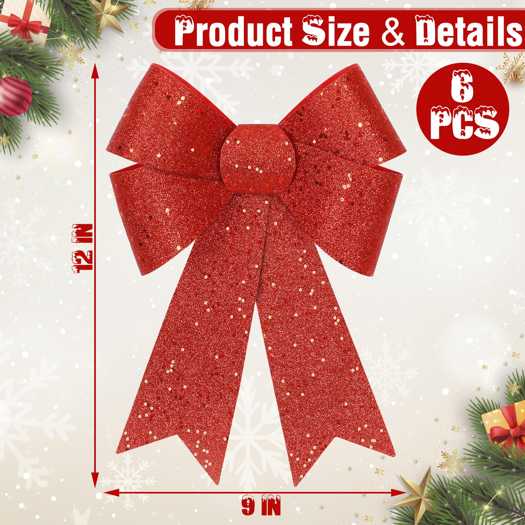6 PCS Christmas Bows, 9 x 12 in Large Christmas Tree Bows, PVC Glitter Red Decor Xmas Decorations Indoor Outdoor Red Bows for Wr
