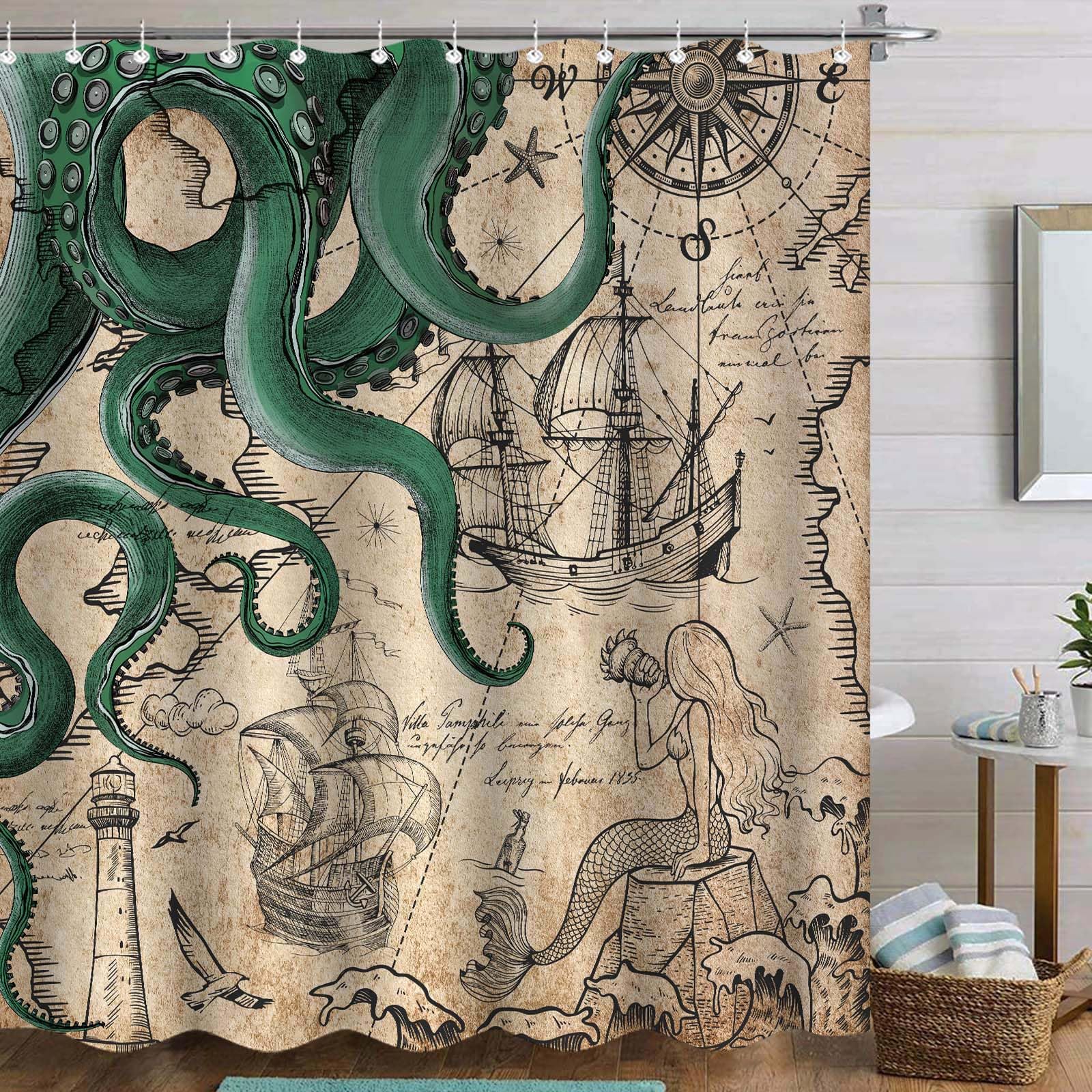 Fungarth Long Vintage Green Nautical Octopus Shower Curtain Mermaid Funny Ocean Kraken Shower Curtains For Bathroom Cool Anchor