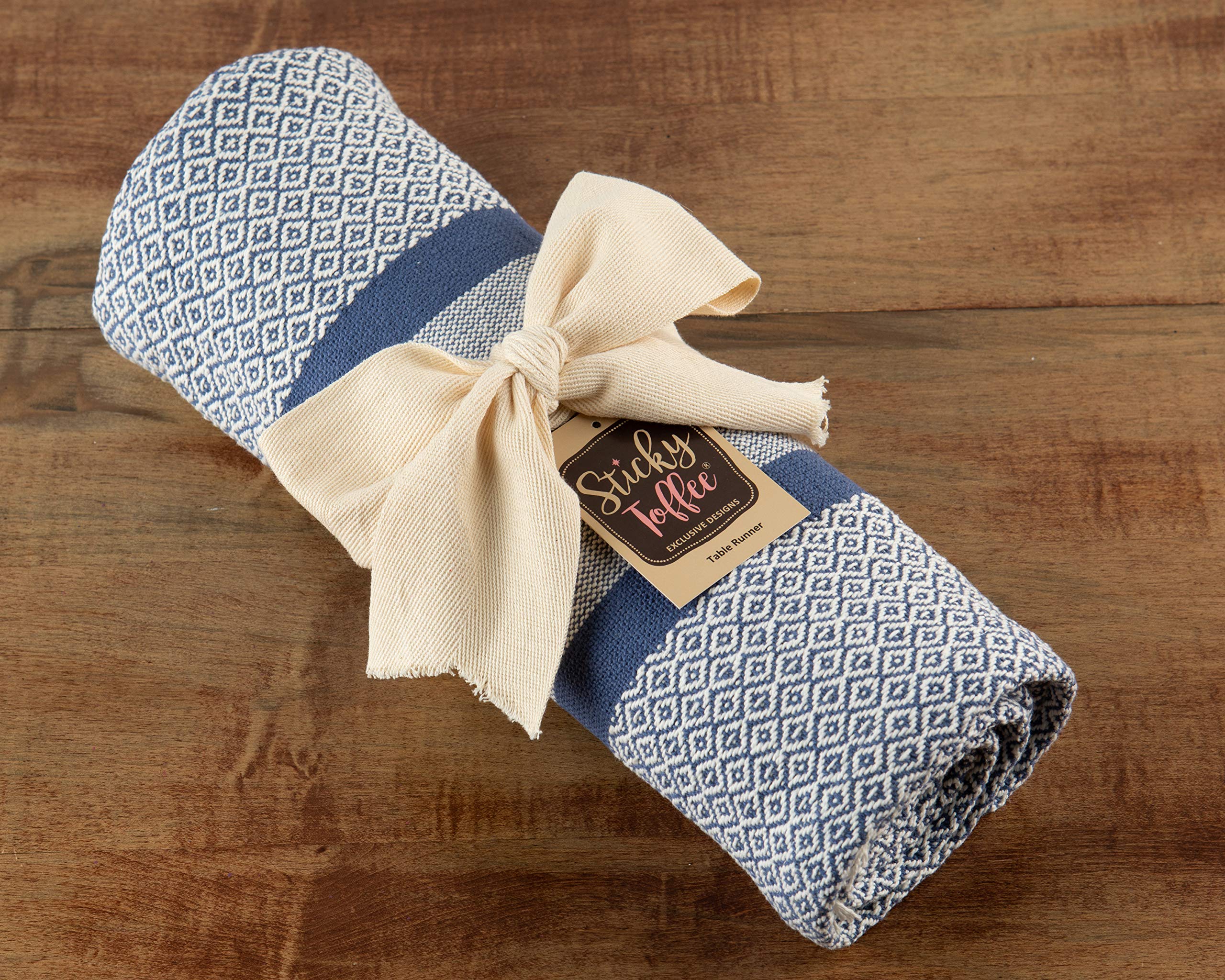 Table Runner Cotton Farmhouse Boho 14x72 in  Table D?cor for Kitchen or Dining  Blue Cloth Woven Striped Table Runners