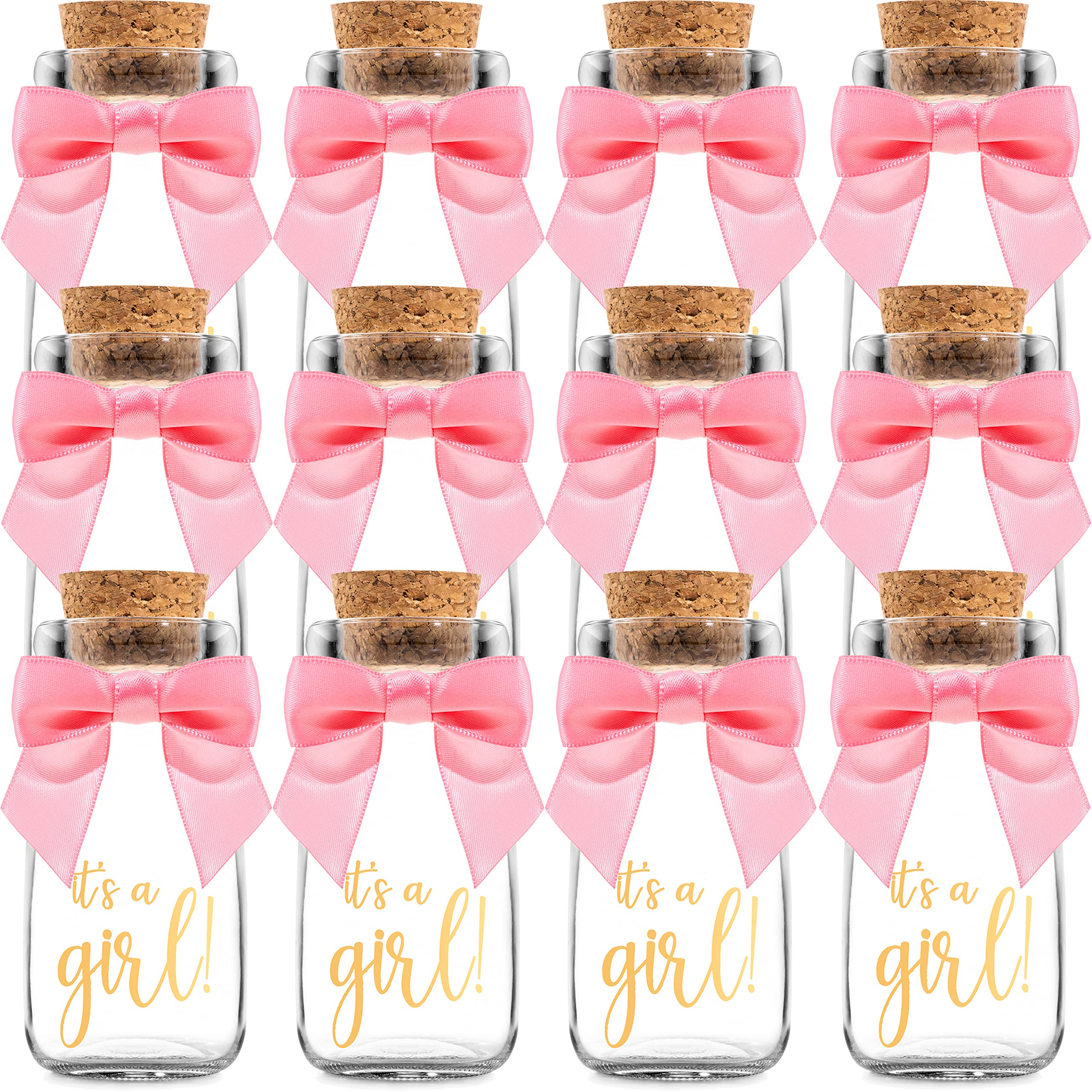 Ethisa 12 Pack It'S A Girl Milk Glass Bottles With Ribbons And Stickers - Vintage Baby Shower Favors For Guests And Table Center