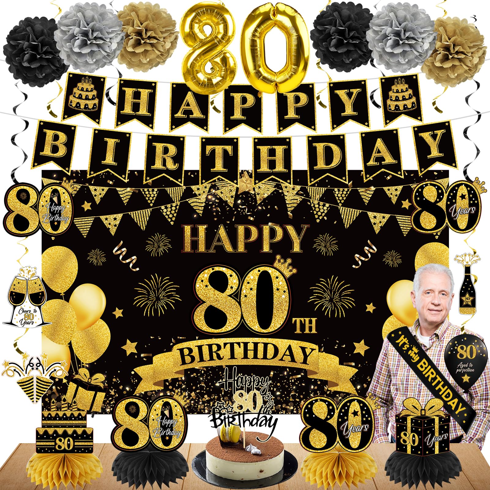 Eucutur 42Pcs 80Th Birthday Decoration Kit For Men Women, Black Gold Happy 80Th Bday Banner Balloons Honeycomb Centerpiece Swirl