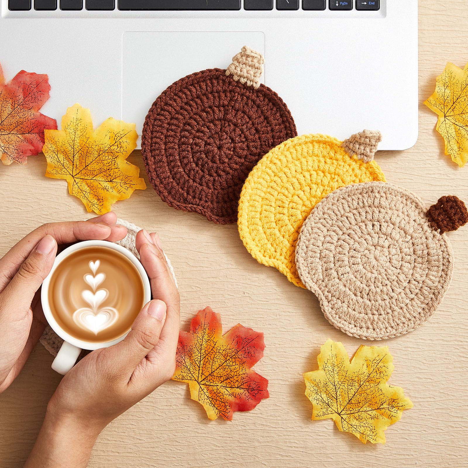 Hushee 4 Pcs Fall Crochet Coasters Thanksgiving Pumpkin Coaster 4.72 Handmade Woven Pumpkin Drink Cup Mats for Autumn Harvest Gi