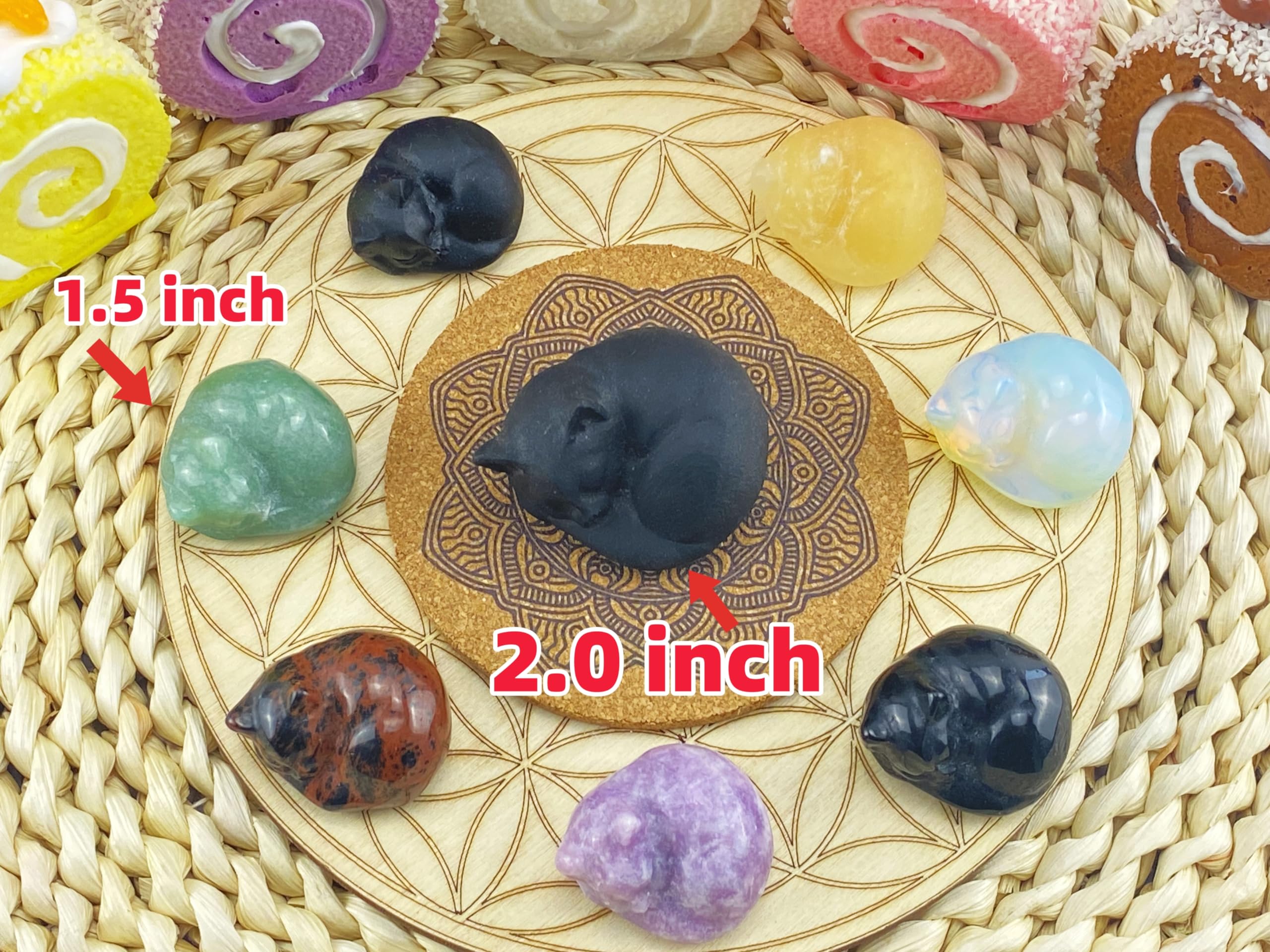 YATOJUZI 2 Cat Decors Statue Black Obsidian Crystals Sleeping Cats Matte Gemstone Hand-Carved Cute Animal Statues Figurine Room