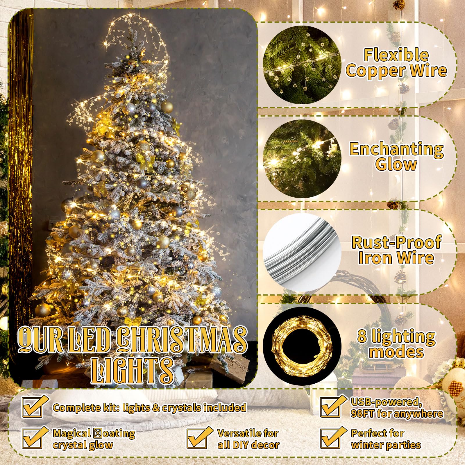 Glooglitter 40ft Christmas Tree Crystal Garland Decorations, 98ft 300 LED Fairy Lights with Crystal Drop Ornaments & Iron Wire,