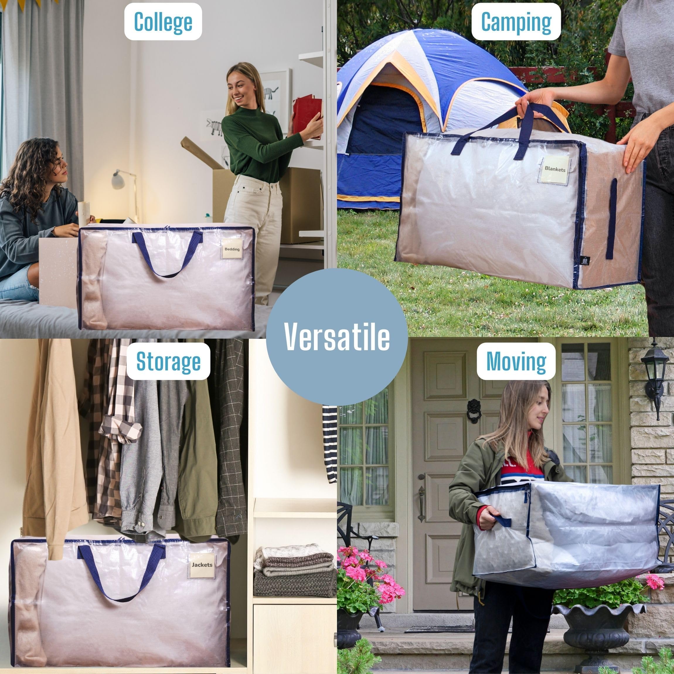 VENO 4 Pack Heavy Duty Oversized Storage Bag for Moving  college Dorm  Traveling  camping  christmas Decorations  Packing Supplies  Organizer Tote  Reusable and Sustainable (clear  4 Pack)