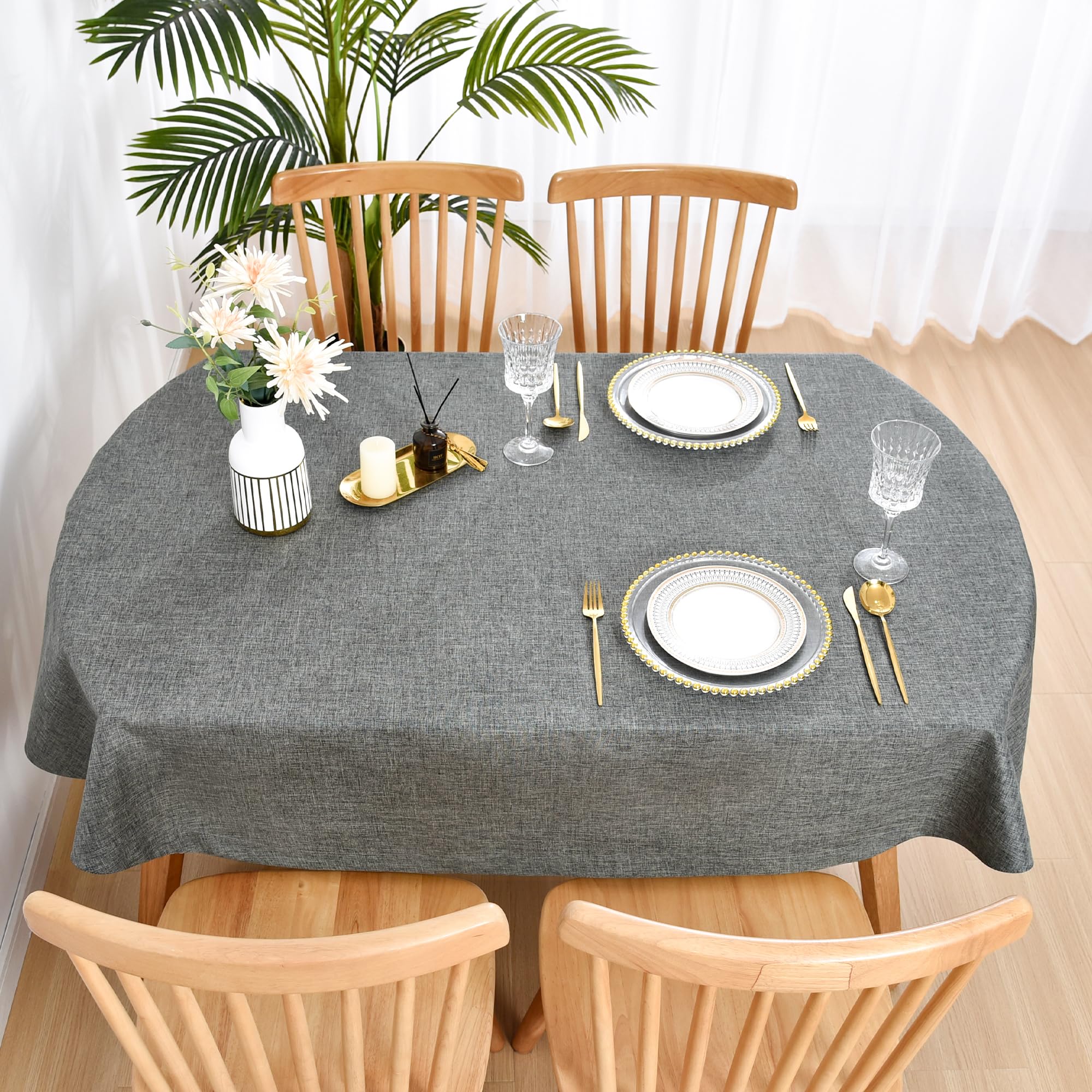 Wolkemer Faux Linen Oval Tablecloth Heavy Duty Wrinkle Resistant Fabric Table Cloths 60 x 102 Inch Charcoal Farmhouse Rustic Tab