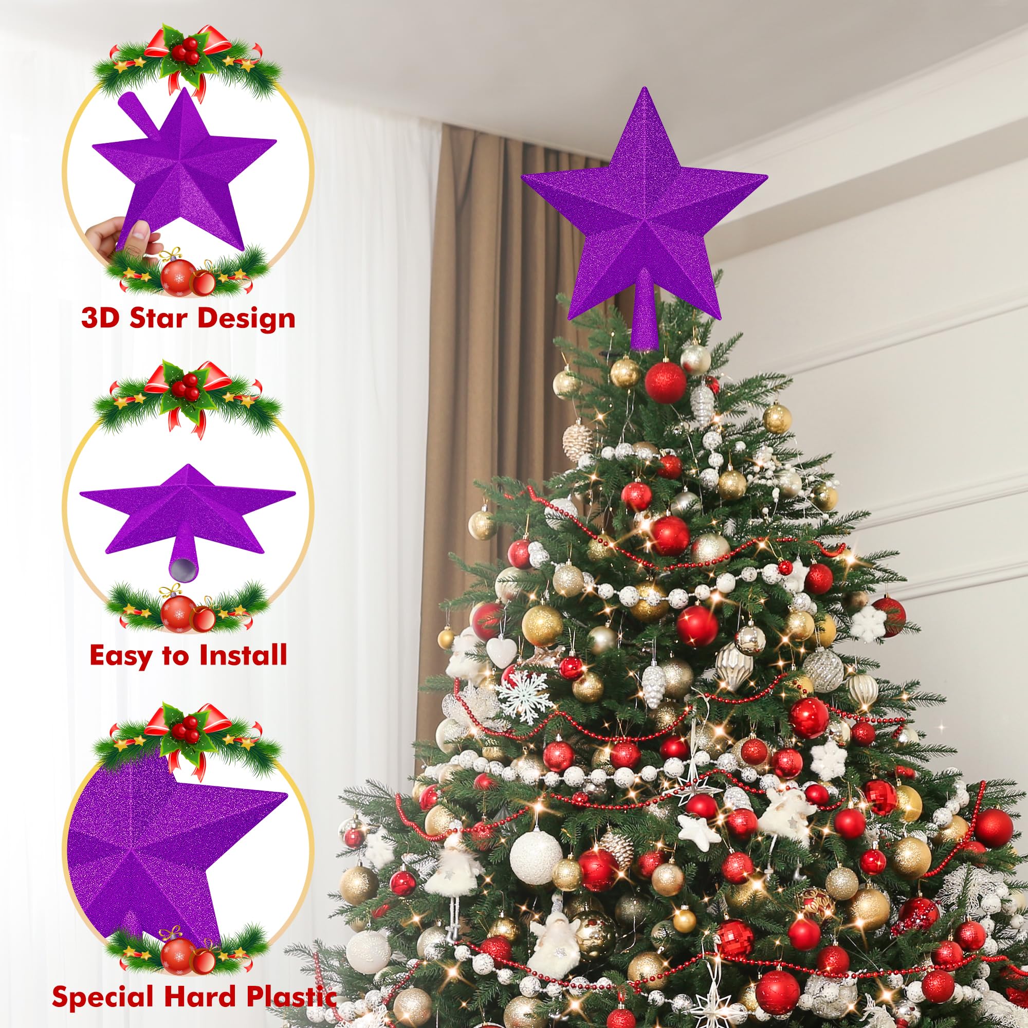 Christmas Tree Ornament, 10 Purple Star Christmas Tree Topper Decorations, Large Xmas Glitter 3D Bethlehem Tree Ornament, Waterp