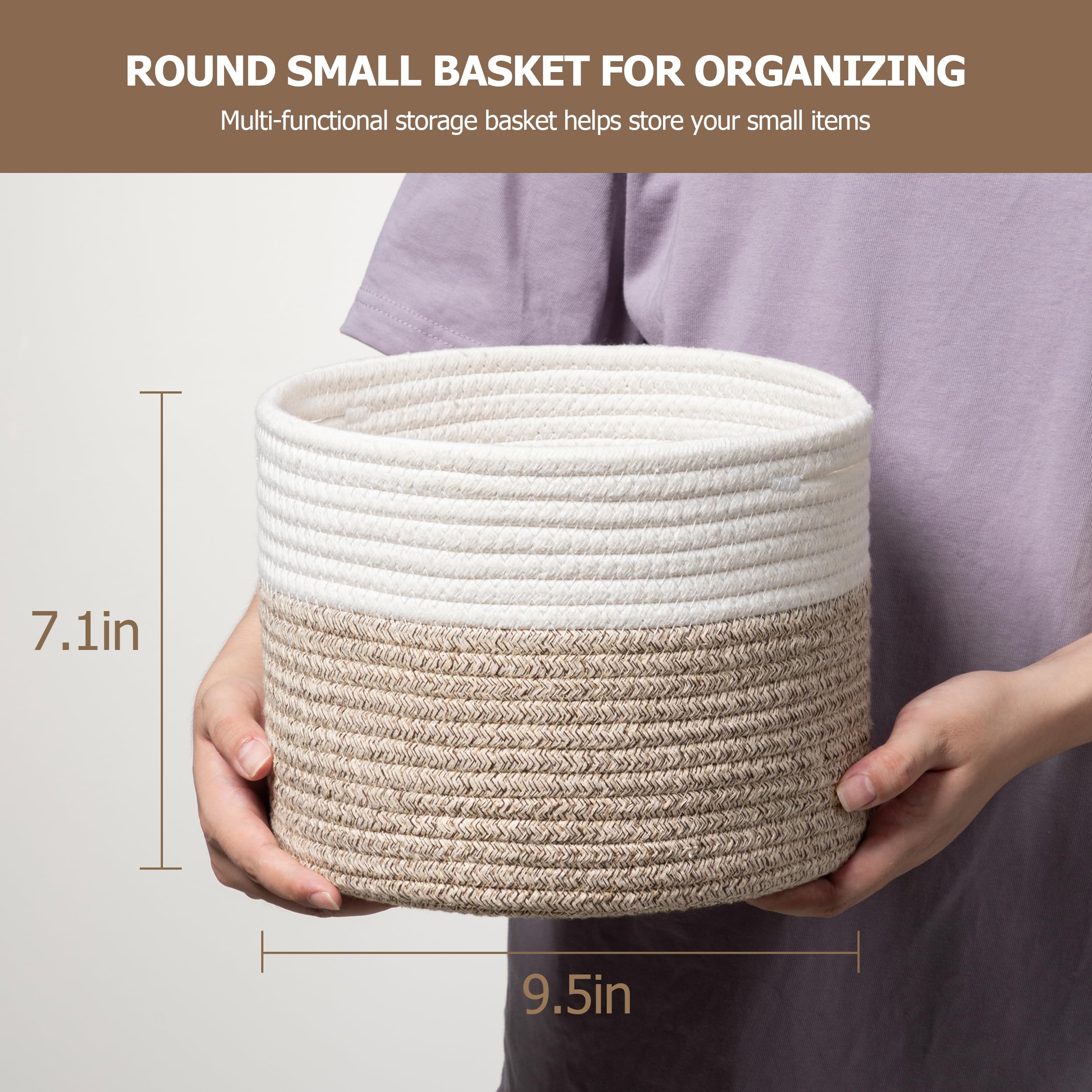 Ubbcare Small Basket For Organizing, Round Woven Basket With Handles, Small Storage Basket For Decor, Beige & Brown Cotton Rope