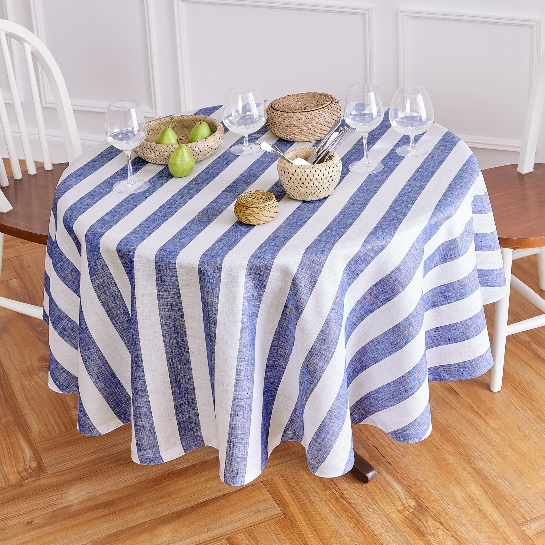 Solino Home Cabana Stripe Linen Round Tablecloth 60 Inch Diameter - 100% Pure Linen Navy And White Tablecloth For Spring, Easter