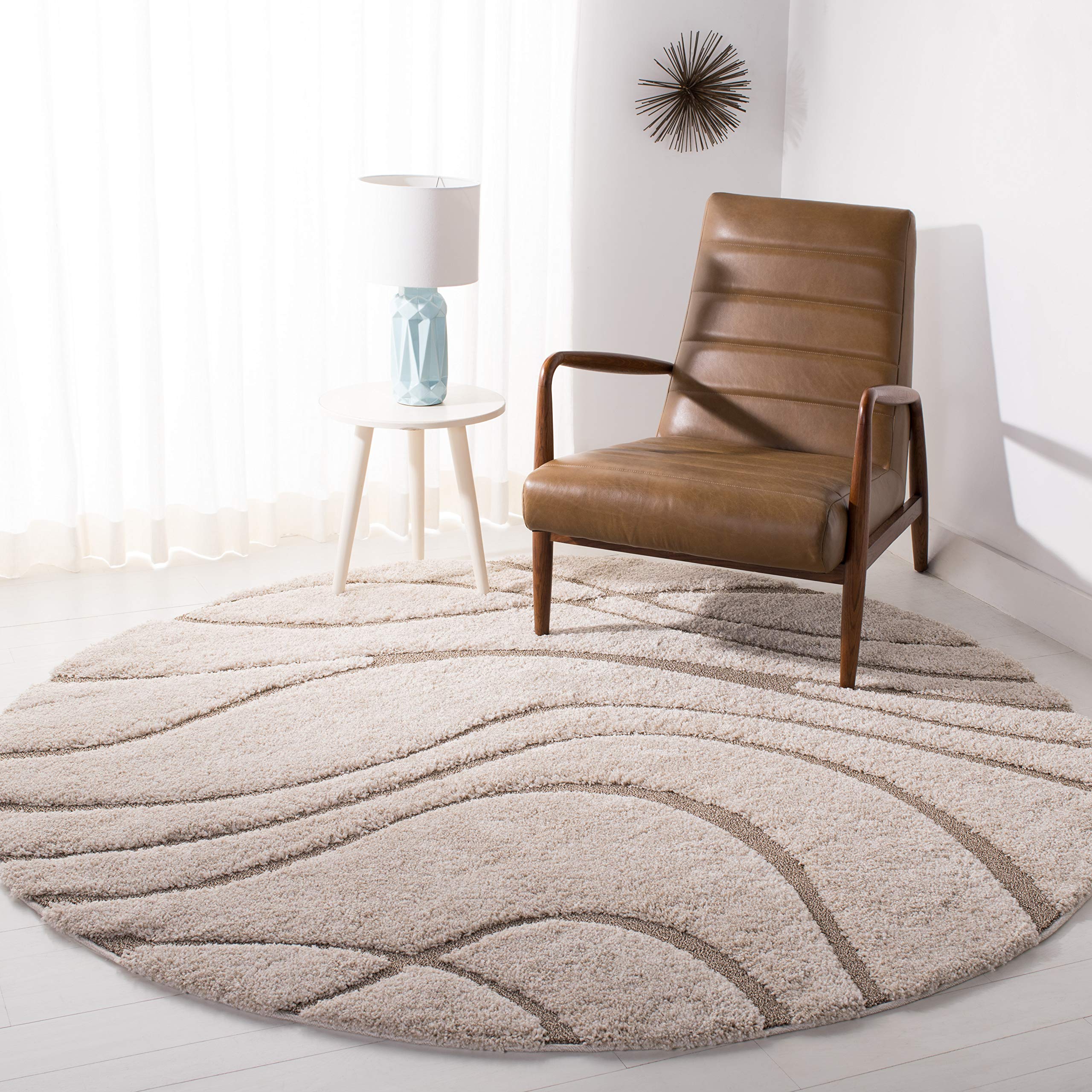 Safavieh Florida Shag Collection 8 Round Cream/Beige SG471 Abstract Wave Non-Shedding Living Room Bedroom 1.2-inch Thick Area R