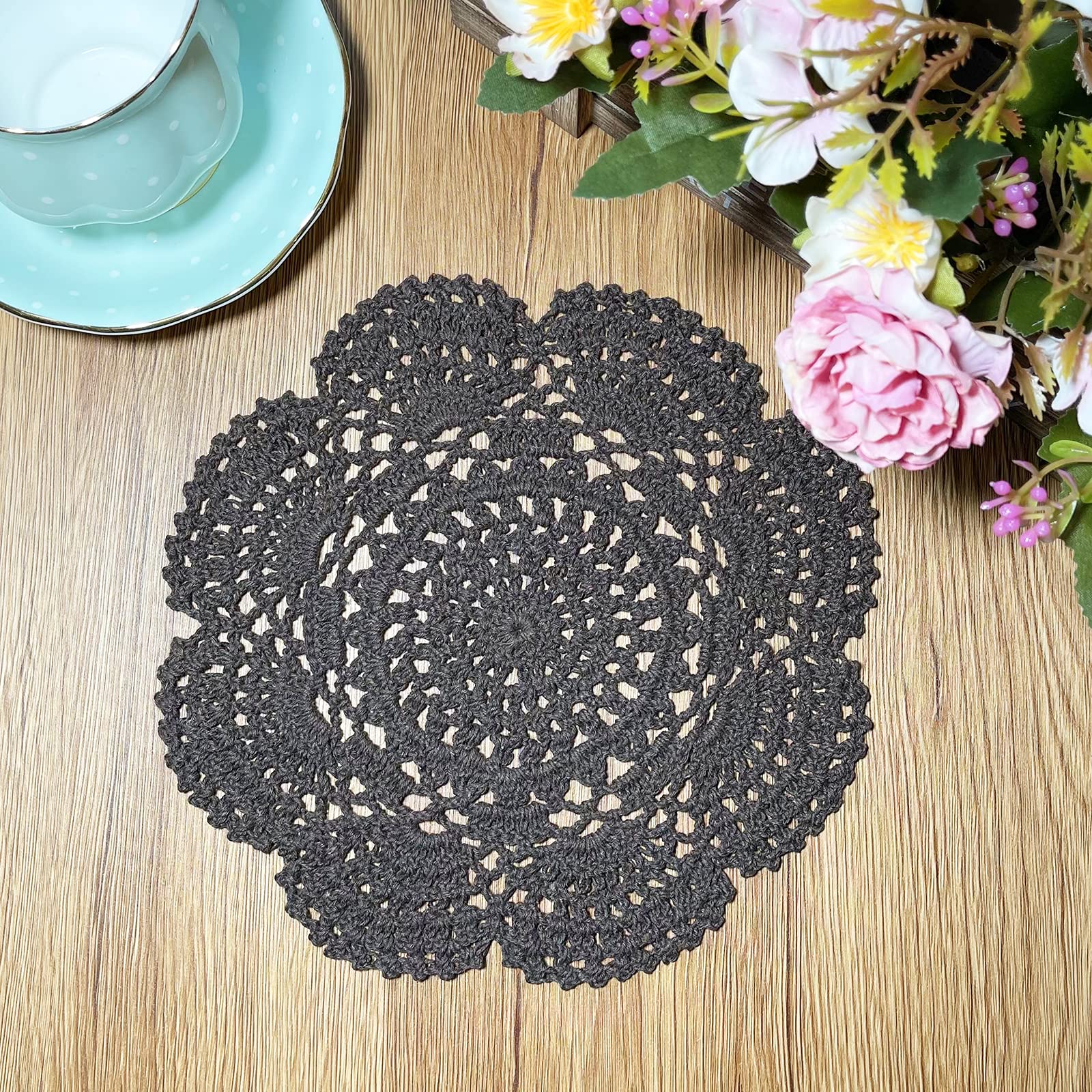 Phantomon 8 Inch Doilies Crochet Round Lace Doily Handmade Placemats 100% Cotton Crocheted Coasters, Pack Of 4 (Dark Brown)