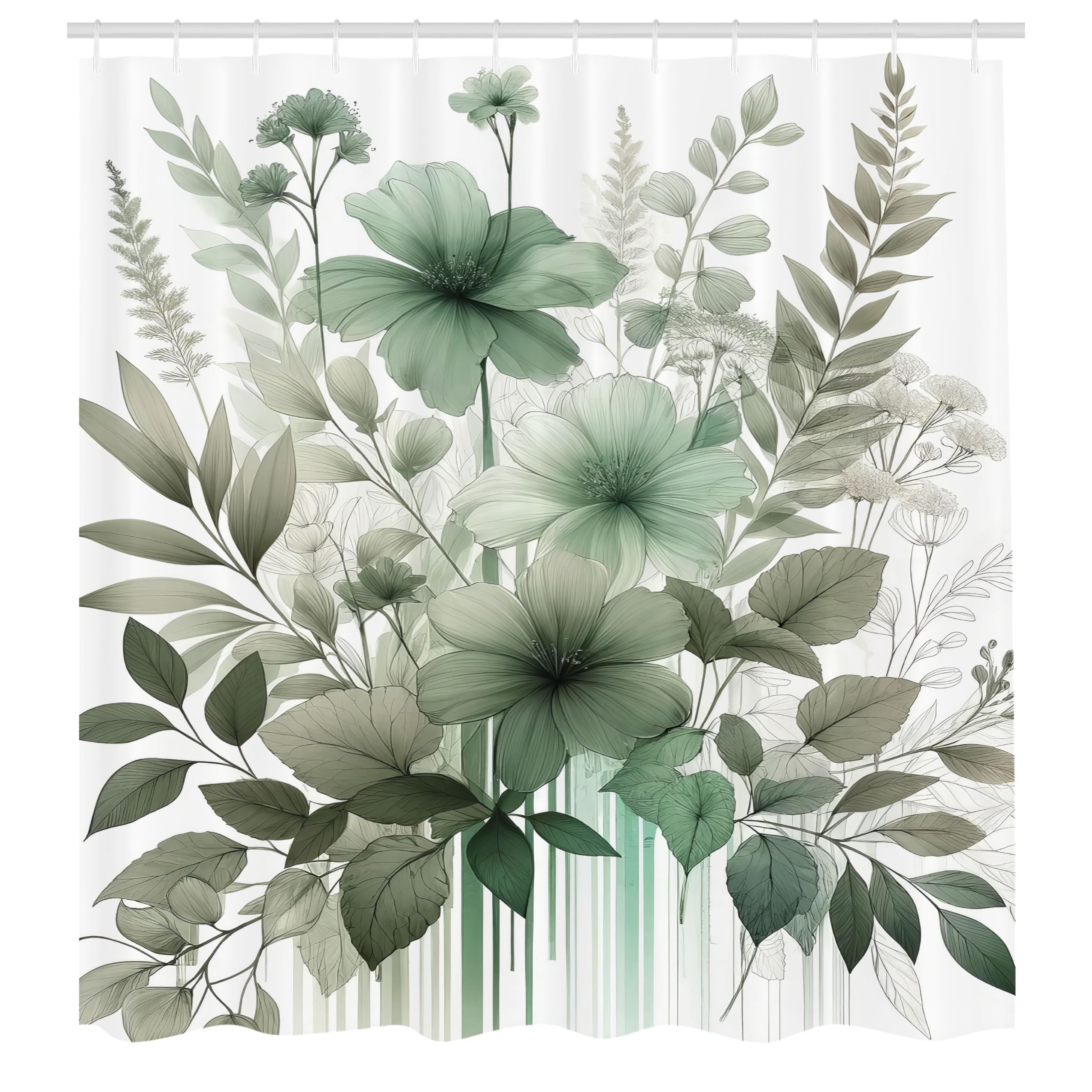 Ambesonne Sage Green Shower Curtain, Nostalgia Tones Delicate Petal Flowers Jumble And Leaves With Stripes, Cloth Fabric Bathroo