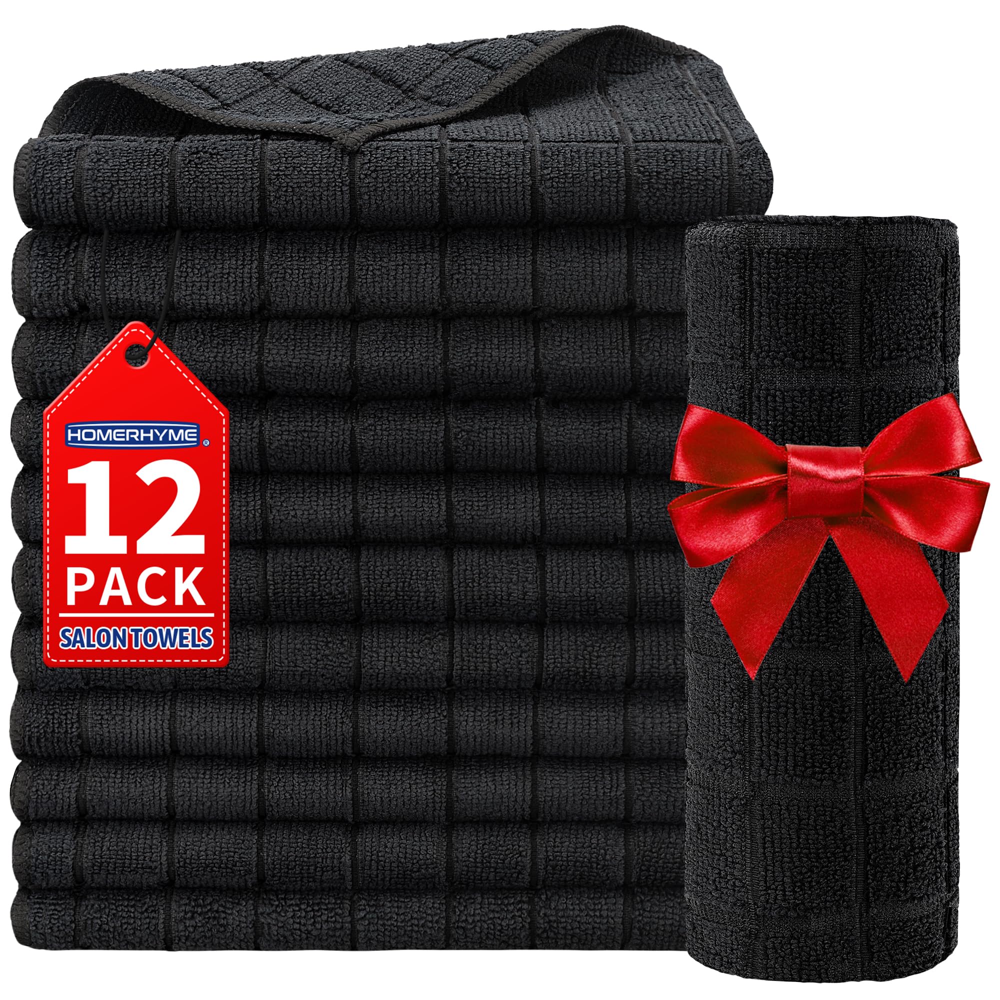 HOMERHYME Salon Towel, 12 Pack Black Hand Towels, 16 x 27 Inches Microfiber Barber Towel, Bulk Quick Dry Absorbent Microfiber Ha