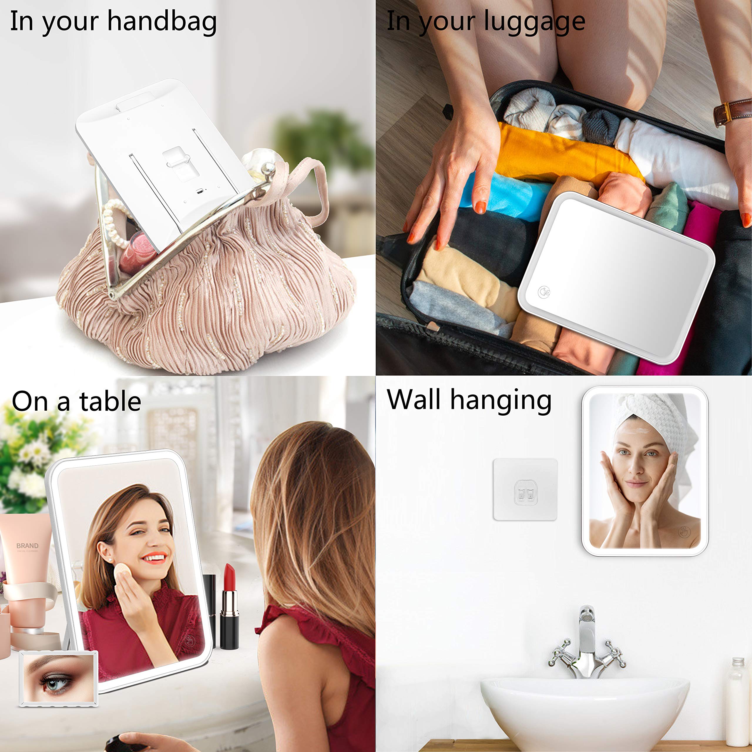 Kookin Lighted Vanity Makeup Mirror With Lights 3 Color Lighting Modes Rechargeable Touch Screen Adjustable Tabletop Wall Hangin