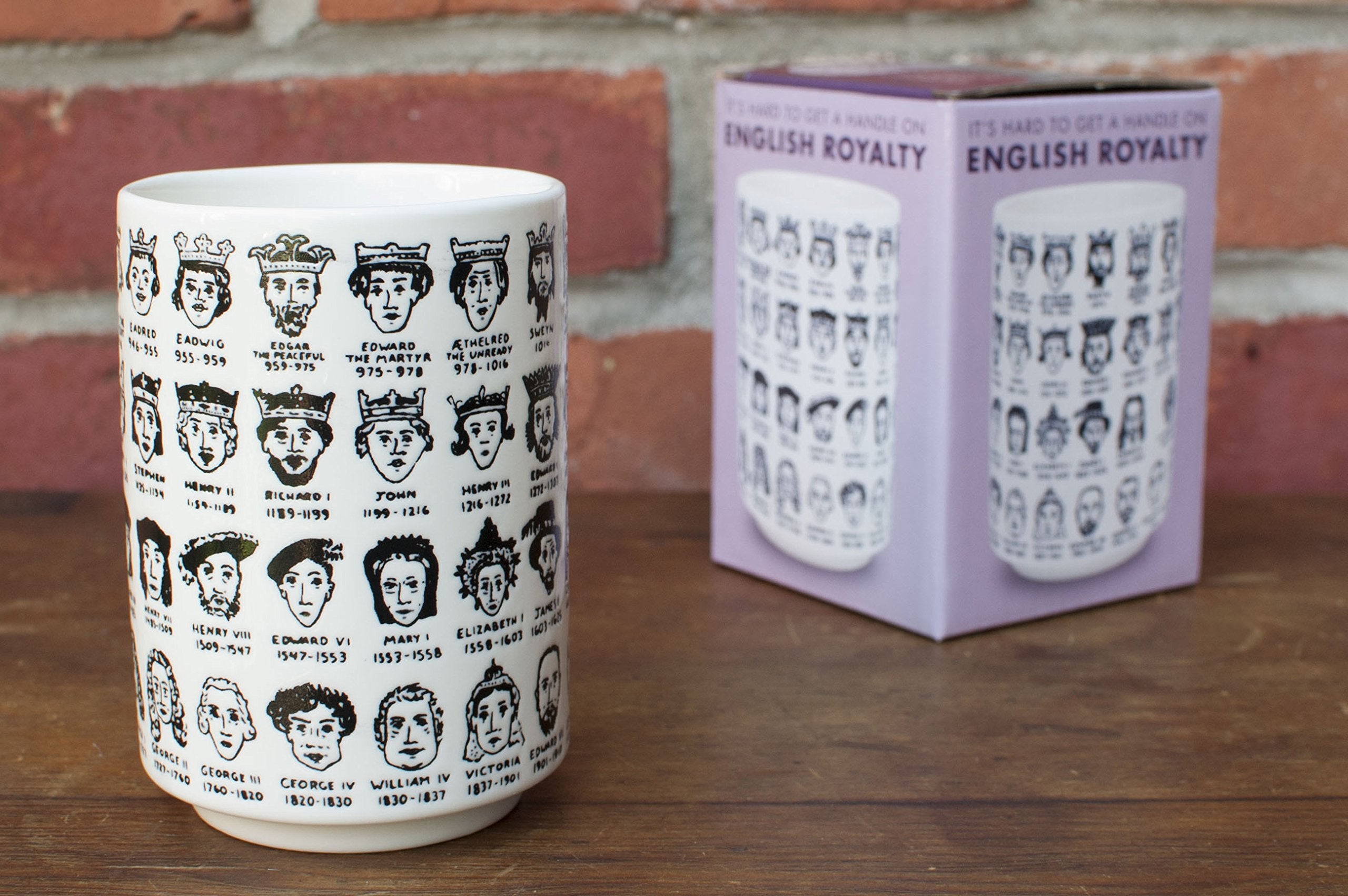 The Unemployed Philosophers Guild It'S Hard To Get A Handle On English Monarchs - Porcelain Tea Cup Imprinted With Kings And Que