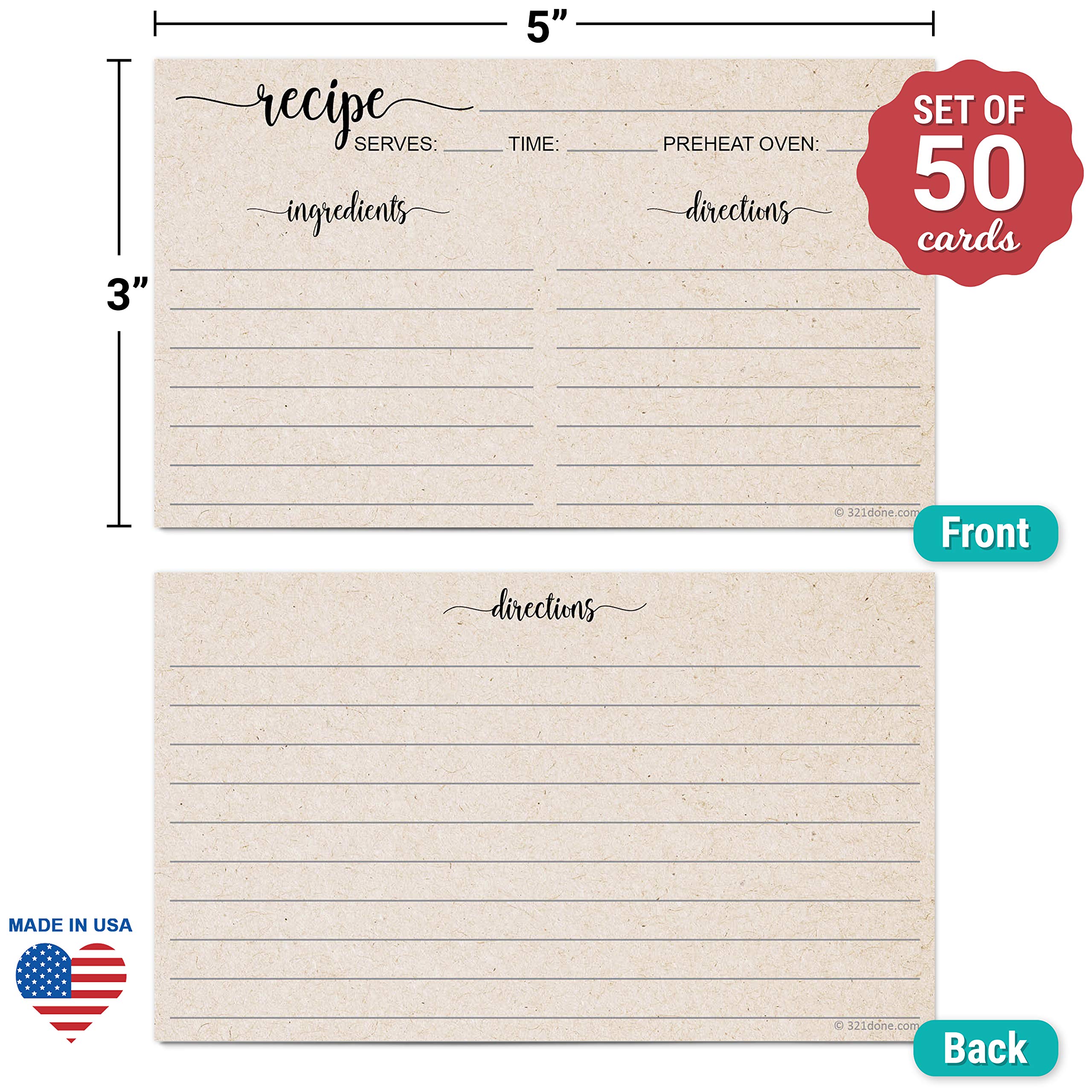 321Done Small Rustic Recipe Cards (Set Of 50) 3 X 5 Minimalist Kraft Tan - Thick Luxury Double-Sided - Made In Usa