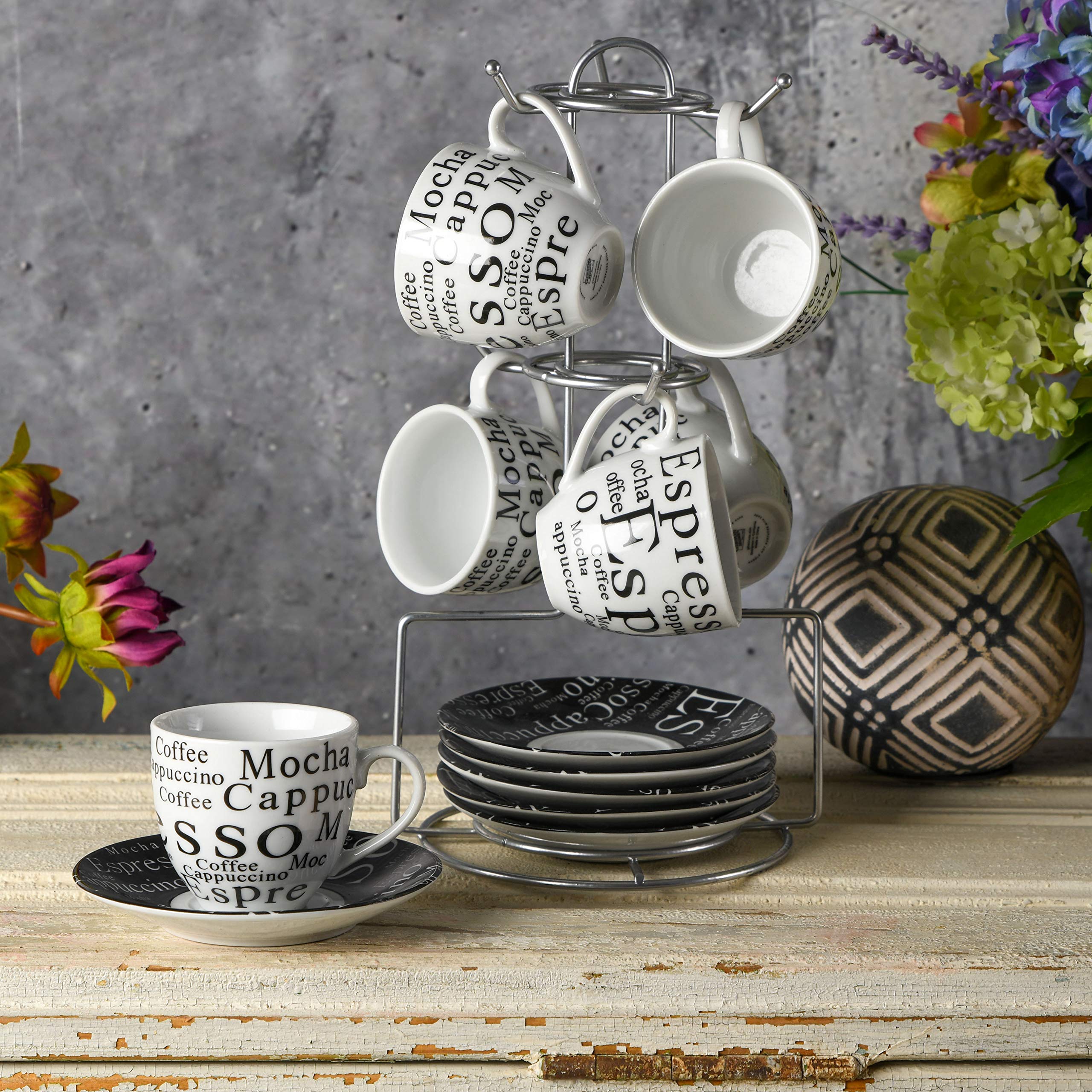 Gibson Home Expressions Espresso Porcelain Saucer Set, 13Pc Cups Stand, White/Black