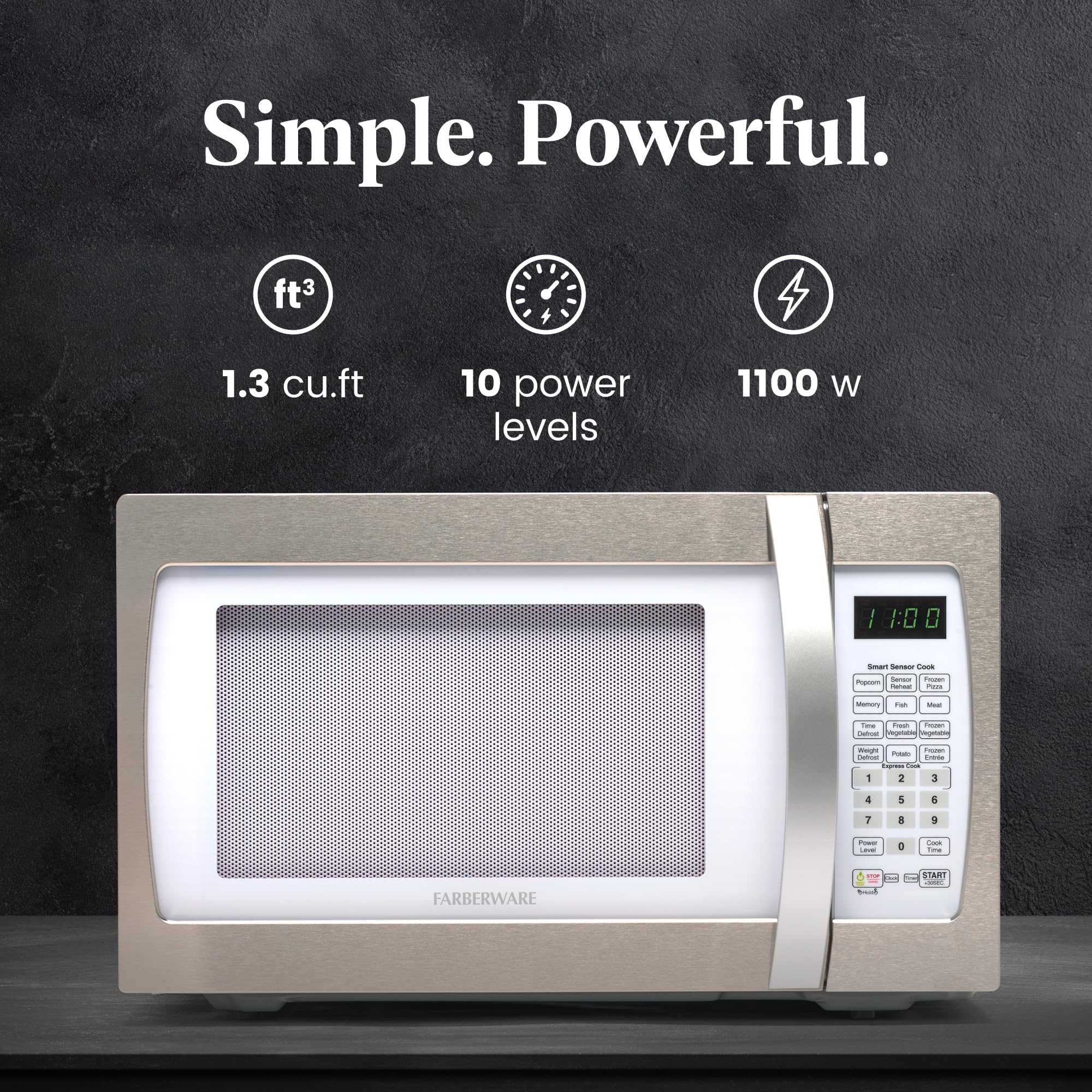 Farberware Countertop Microwave 1100 Watts, 1.3 Cu Ft - Smart Sensor Microwave Oven With Led Lighting And Child Lock - Perfect F