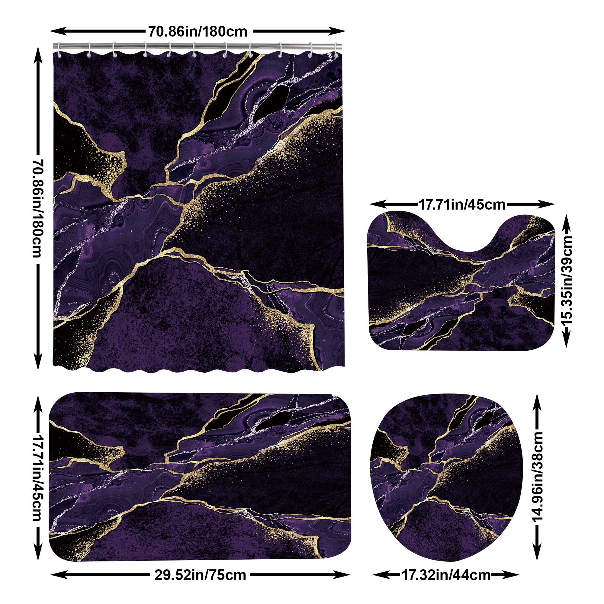 4 Pcs Purple Marble Shower Curtain Sets  Gold Cracked Lines Black Bathroom Decor  Rug Toilet Lid Cover and Non-Slip U Shape Mat  Abstract Modern Luxury Waterproof Shower Curtain with 12 Hooks  72 x 72
