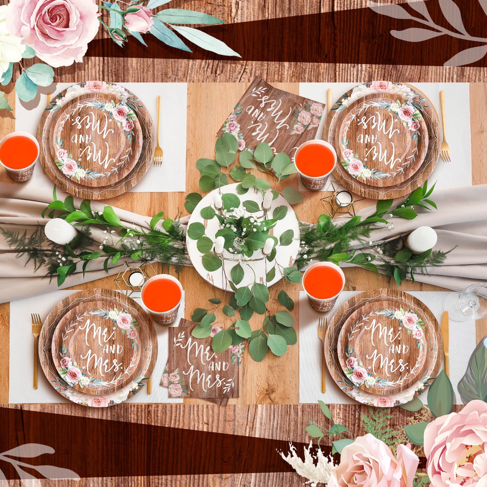 Zhehao 250 Pcs Bridal Shower Plates And Napkins Rustic Plates Mr. And Mrs. Wedding Plates Napkins Wedding Party Decorations Disp