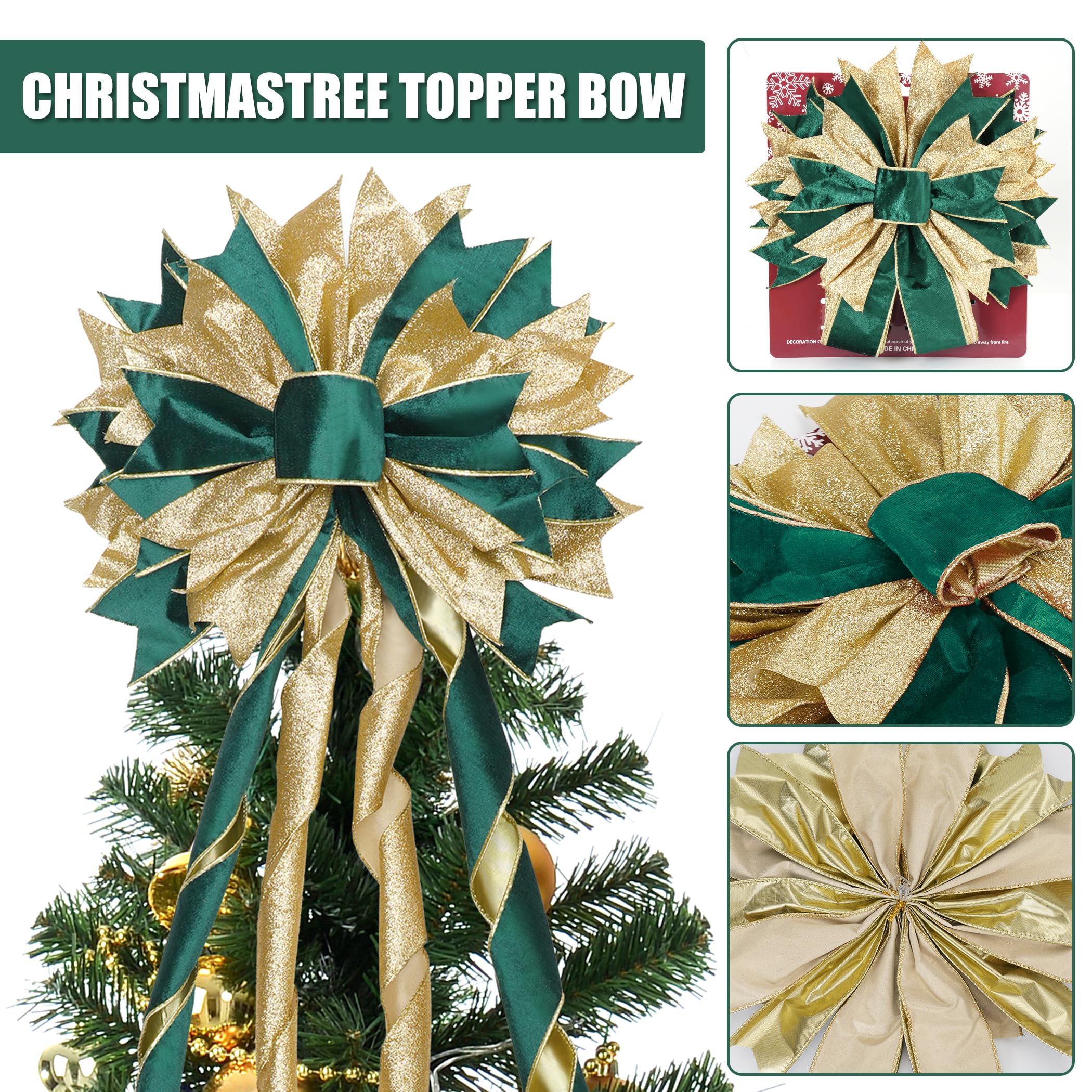CANGBI Green Gold Christmas Tree Topper, 40x13 Inches Toppers Bow with Glitter Satin Mesh Streamer and Patterned Ribbon, Christm